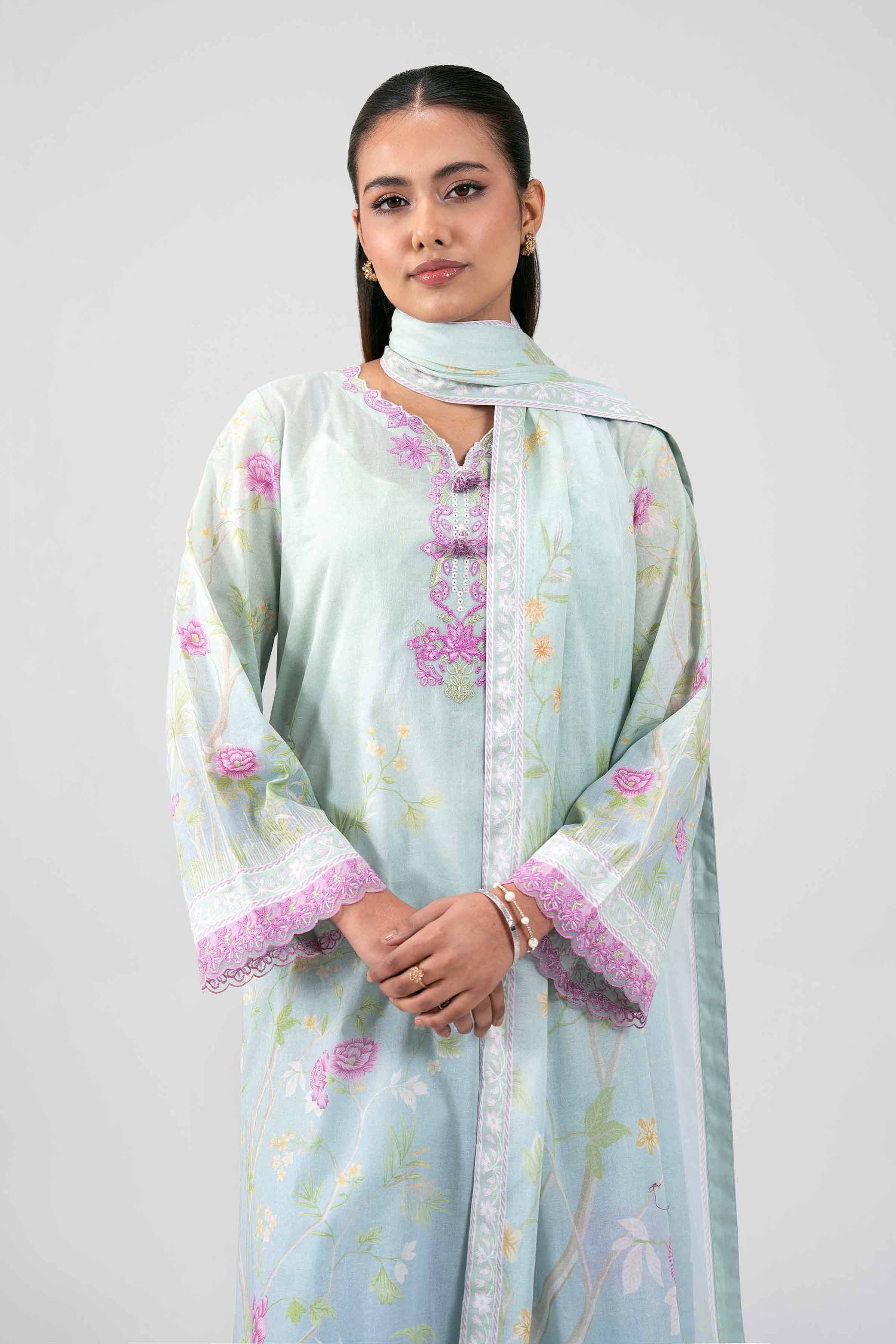 3 Piece - Digital Printed Embroidered Suit - 42601463 Blue Lawn 3PC Embroidered Summer