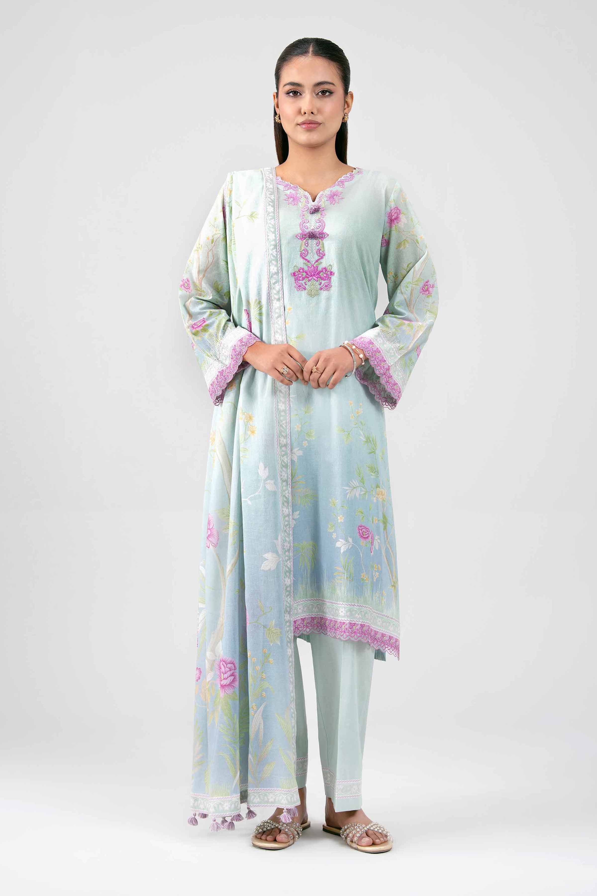 3 Piece - Digital Printed Embroidered Suit - 42601463 Blue Lawn 3PC Embroidered Summer