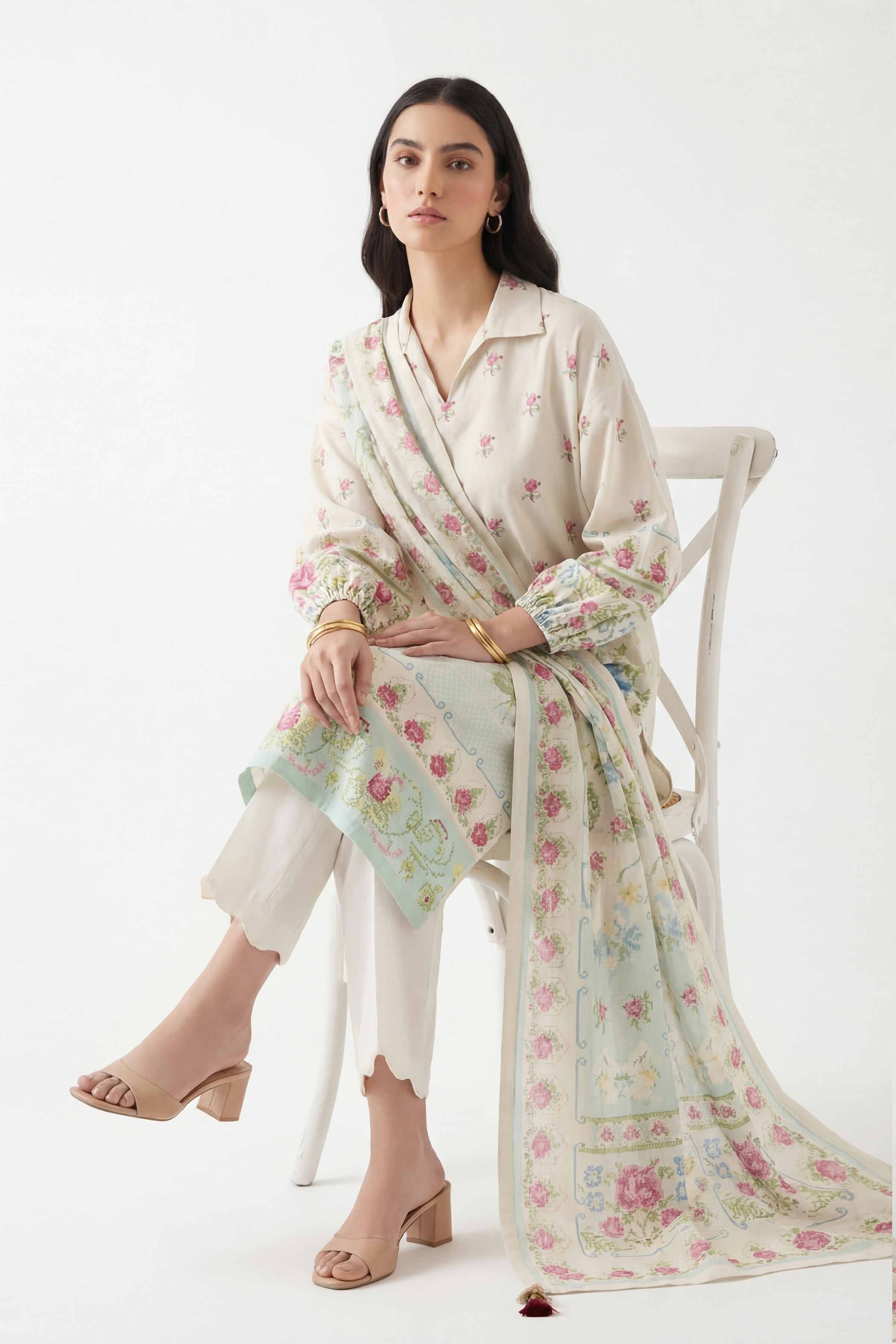 3 Piece - Digital Printed Suit - 42601467 Cream Lawn 3PC Printed Summer