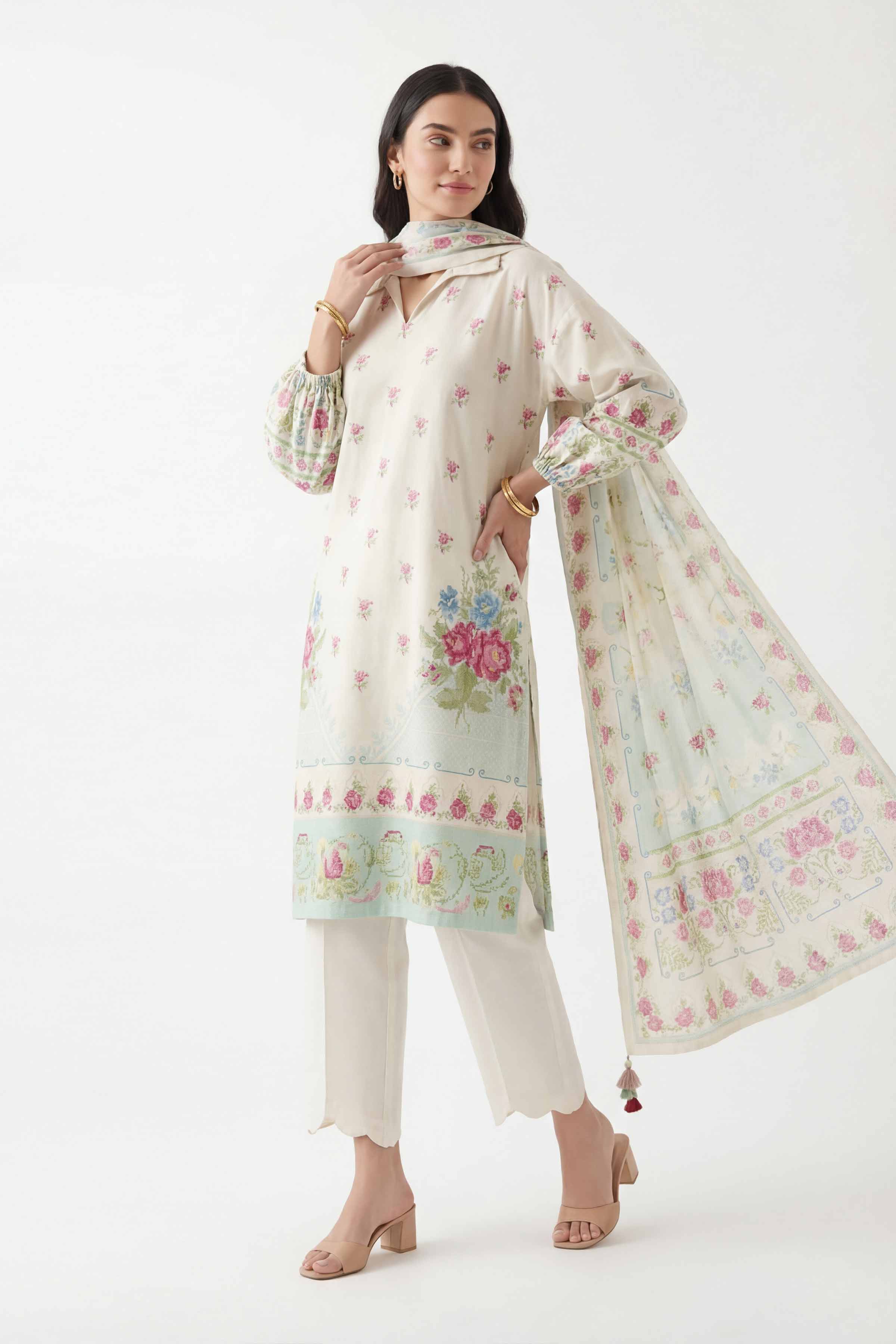3 Piece - Digital Printed Suit - 42601467 Cream Lawn 3PC Printed Summer