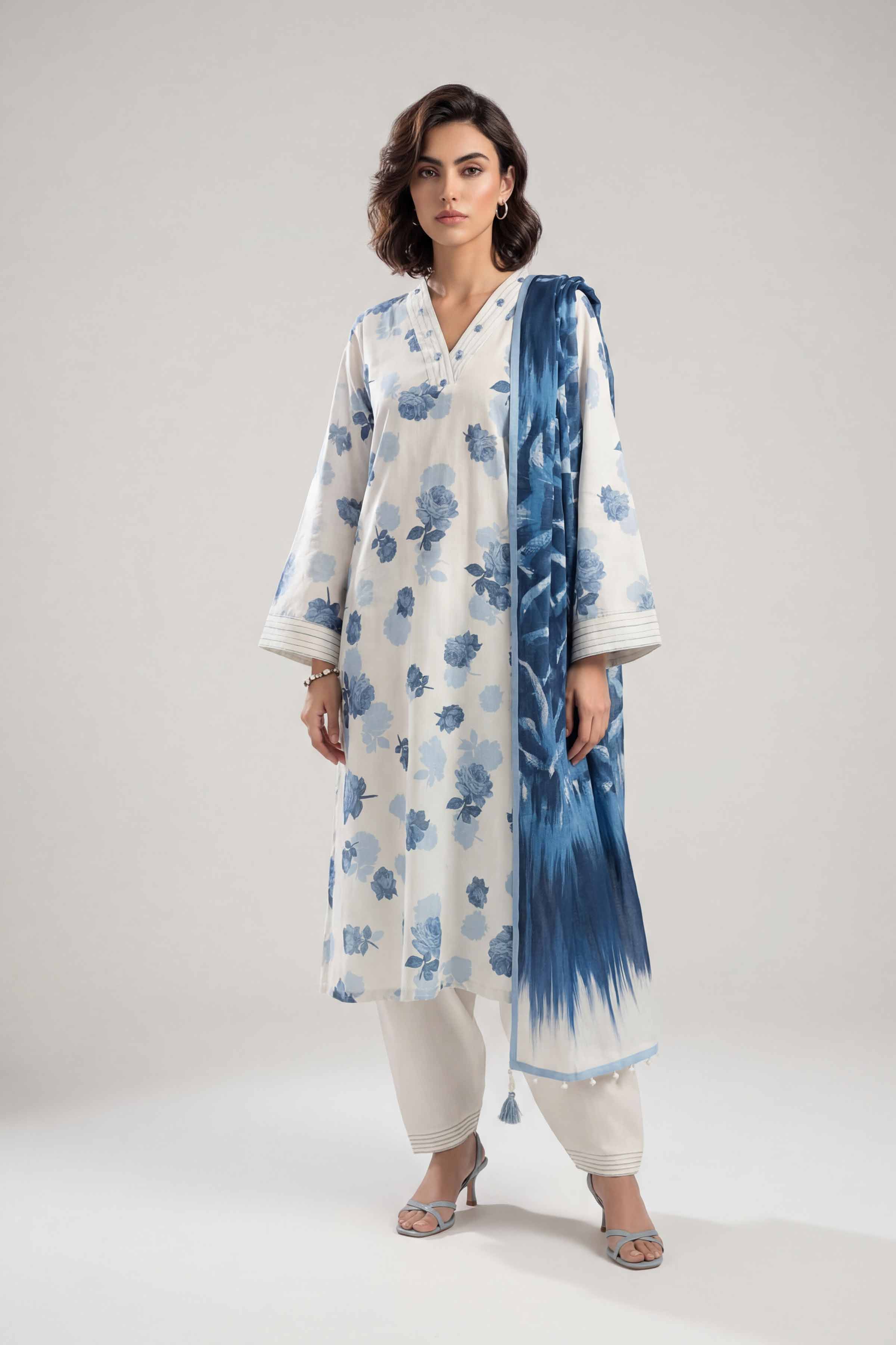 3 Piece - Digital Printed Suit - 42601477 Beige Lawn 3PC Printed Summer