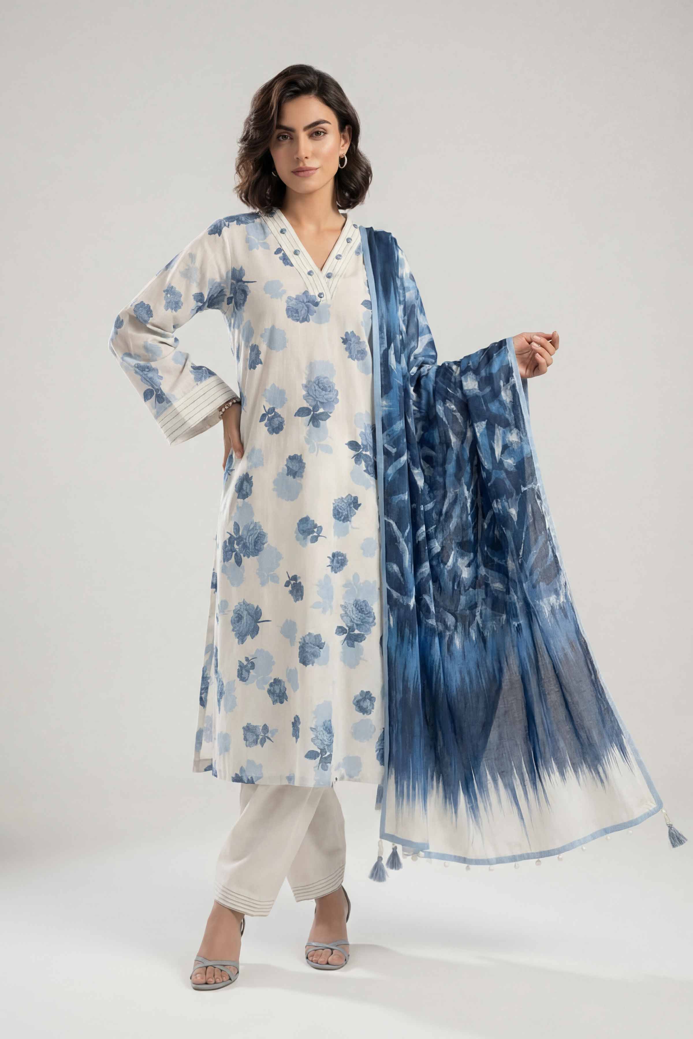 3 Piece - Digital Printed Suit - 42601477 Beige Lawn 3PC Printed Summer