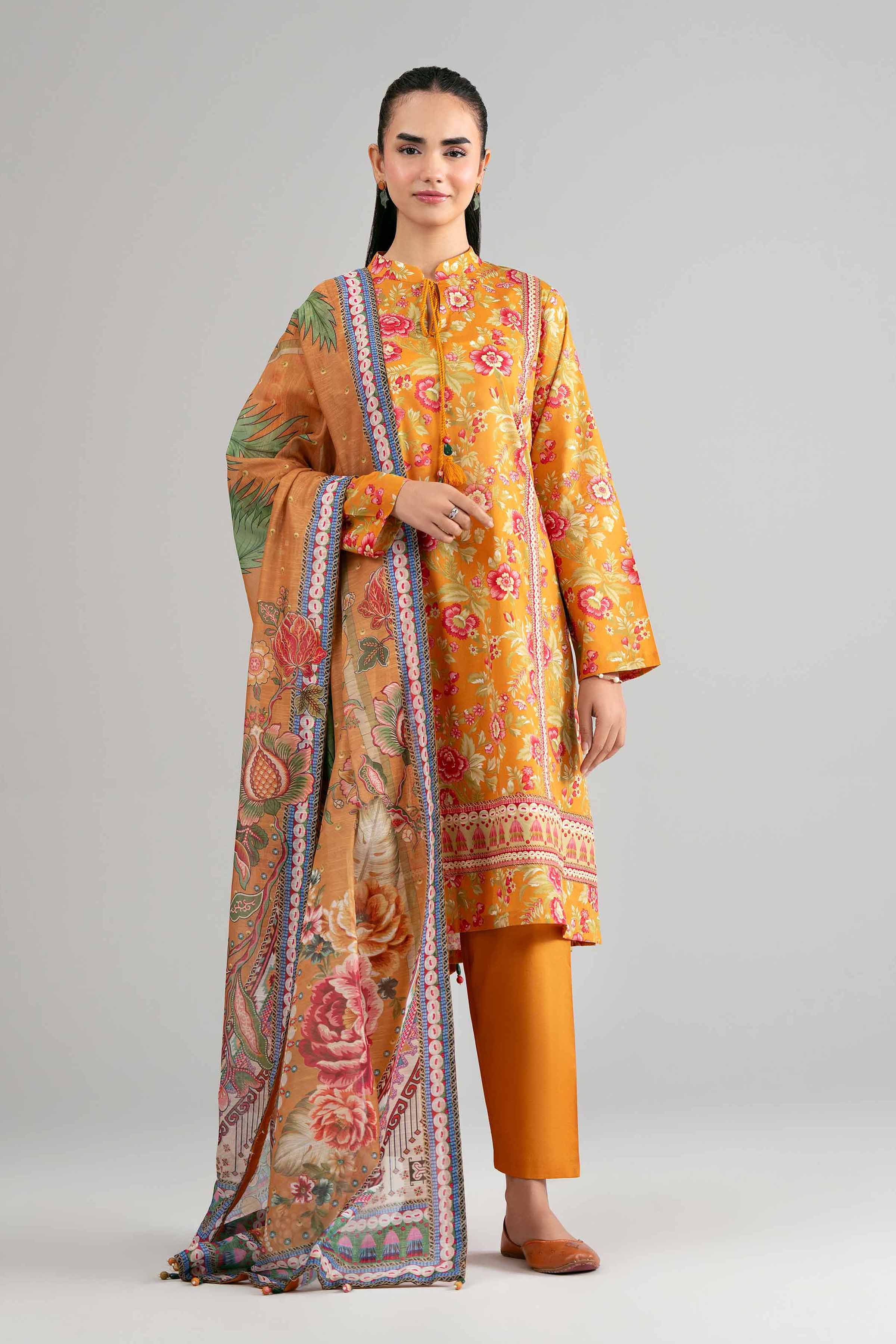 3 Piece - Digital Printed Suit - 42601485 Orange Lawn 3PC Printed Summer