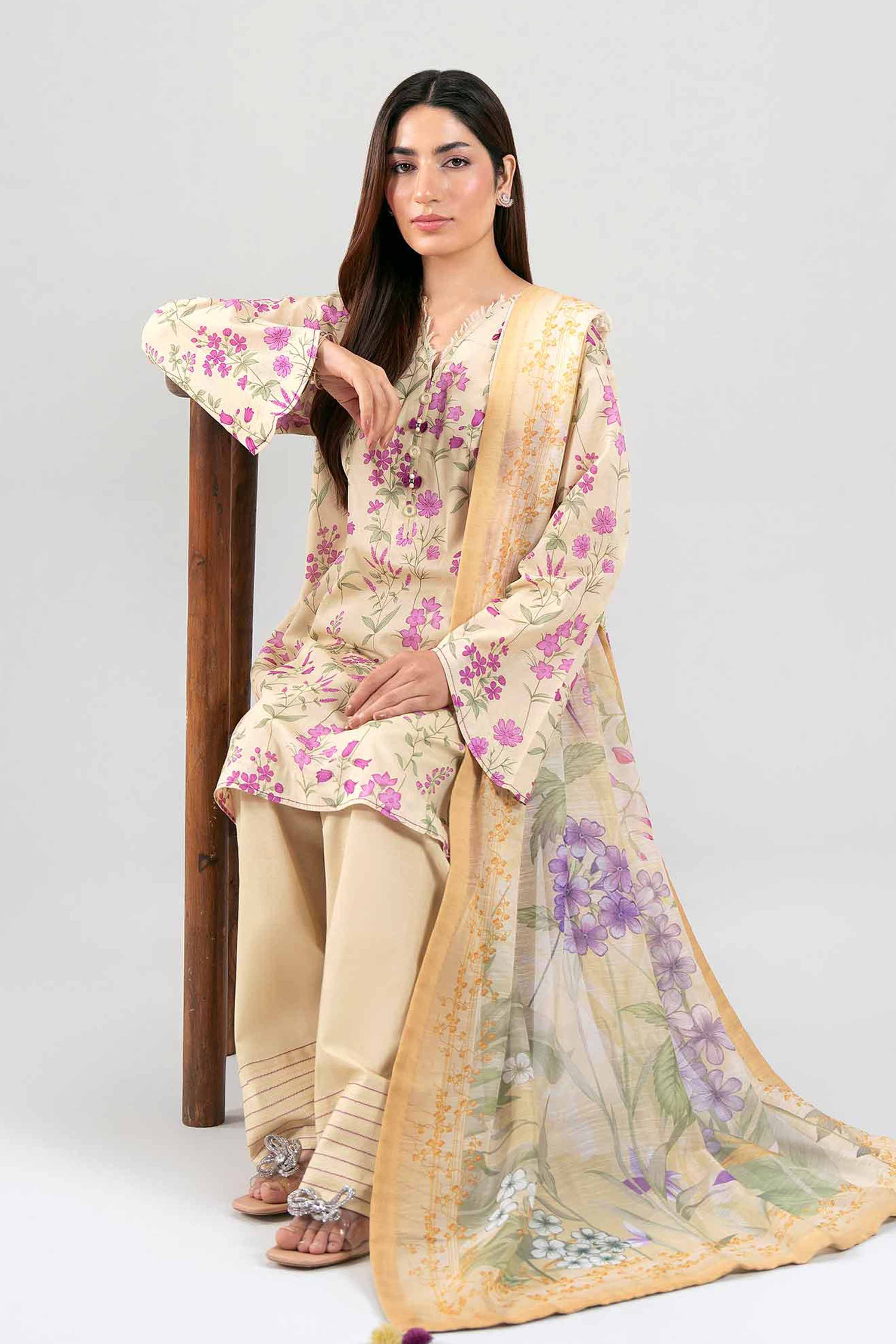 3 Piece - Digital Printed Suit - 42601491 Yellow Lawn 3PC Printed Summer