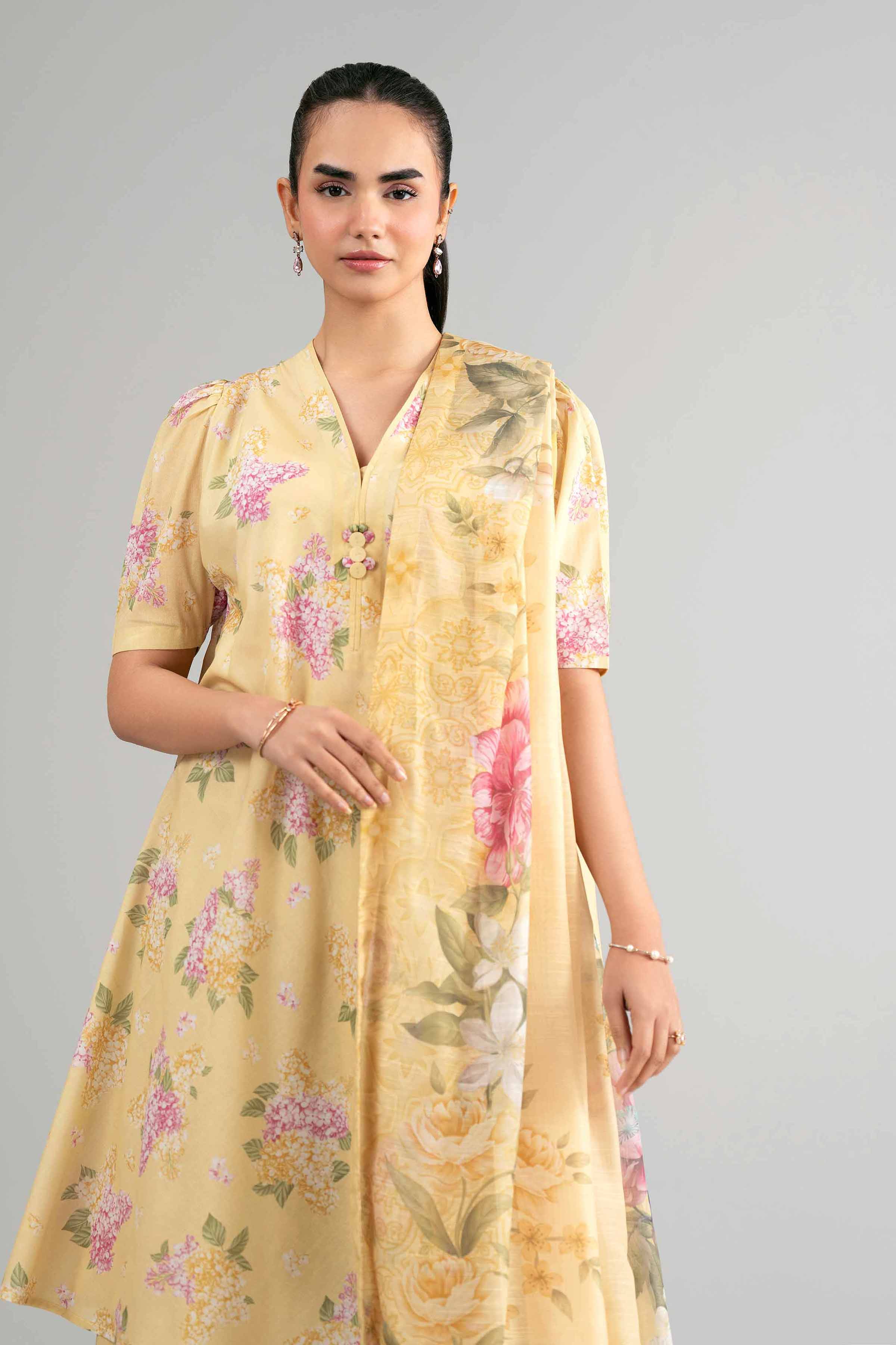 3 Piece - Digital Printed Suit - 42601492 Yellow Lawn 3PC Printed Summer