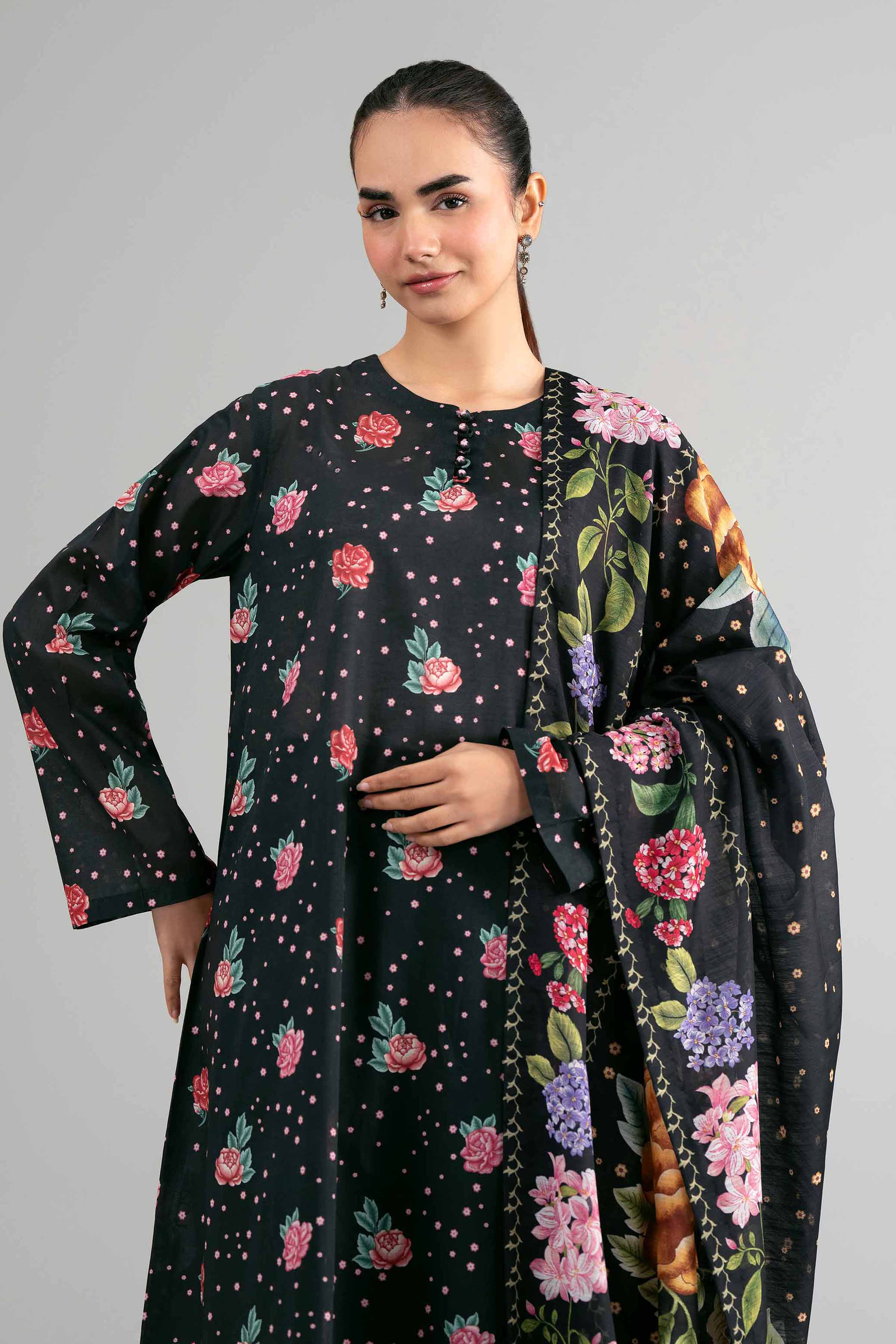 NISHAT UAE 3Pc Printed Unstitched Women Black Lawn Suit