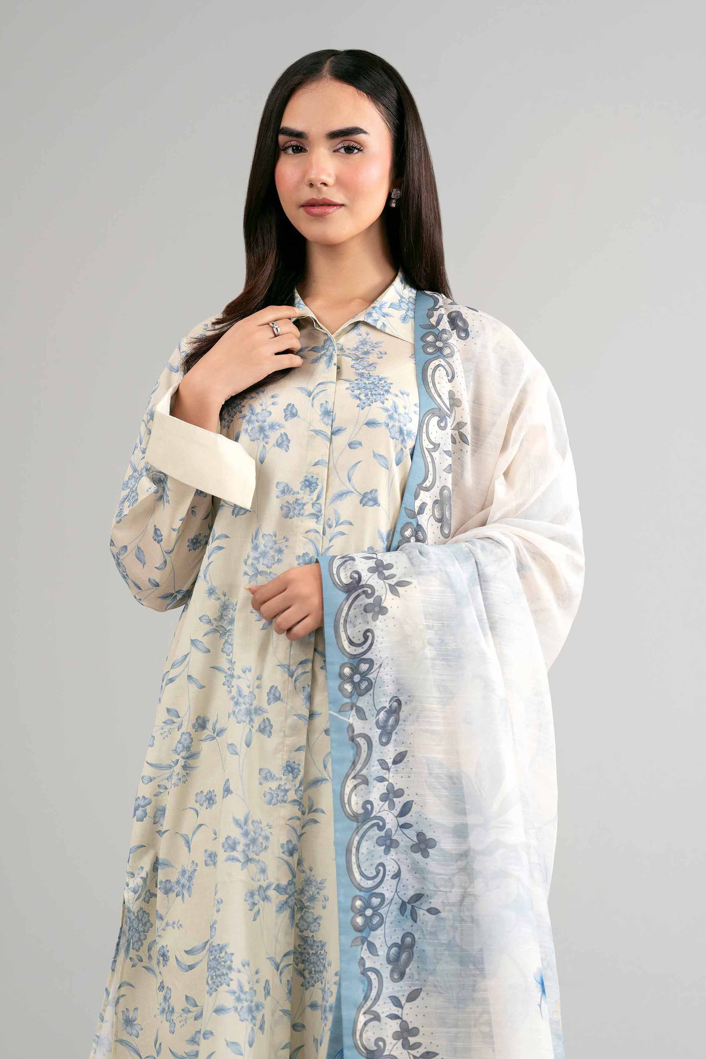 3 Piece - Digital Printed Suit - 42601498 Beige Lawn 3PC Printed Summer
