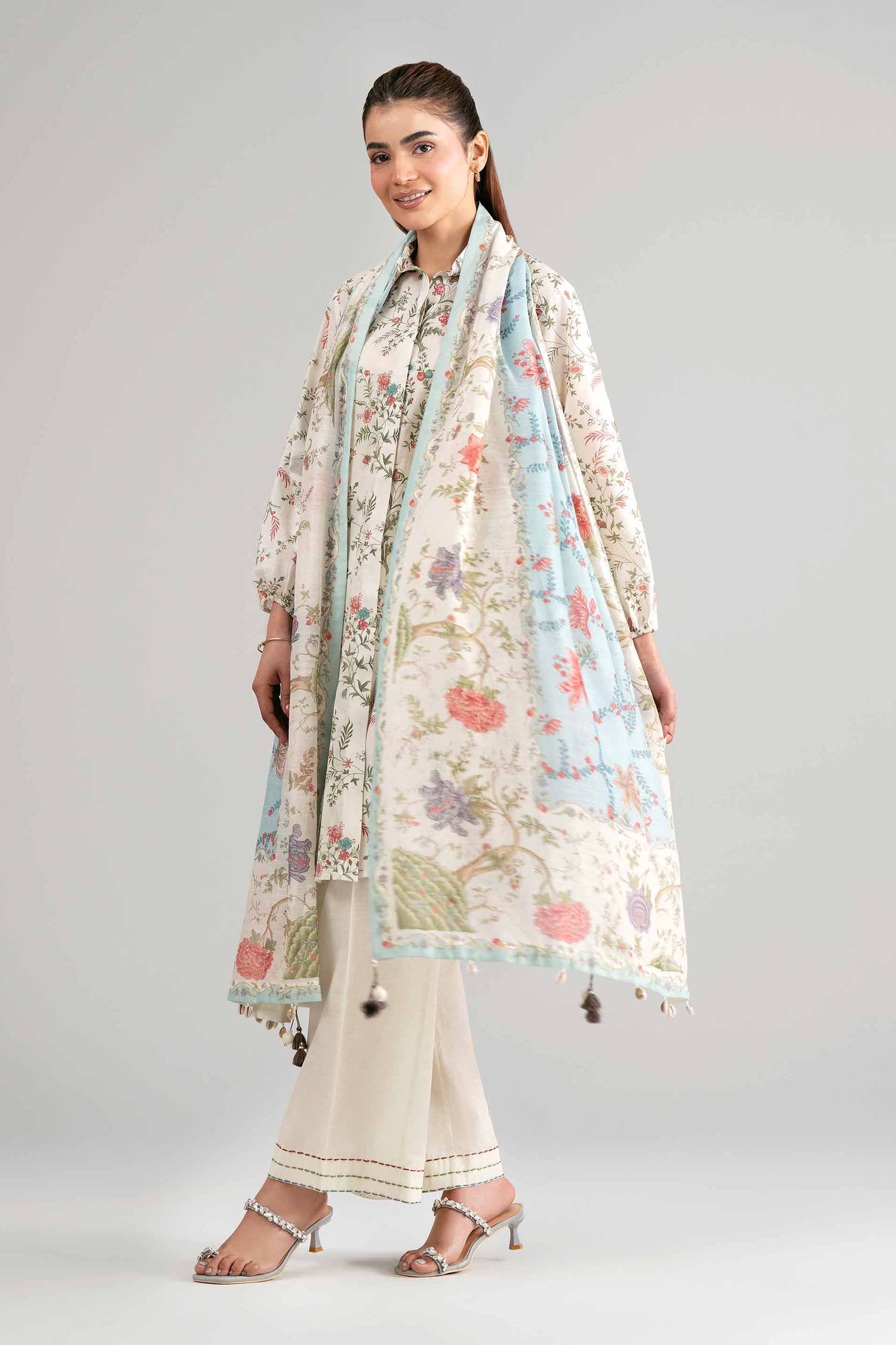 3 Piece - Digital Printed Suit - 42601502 Beige Lawn 3PC Printed Summer