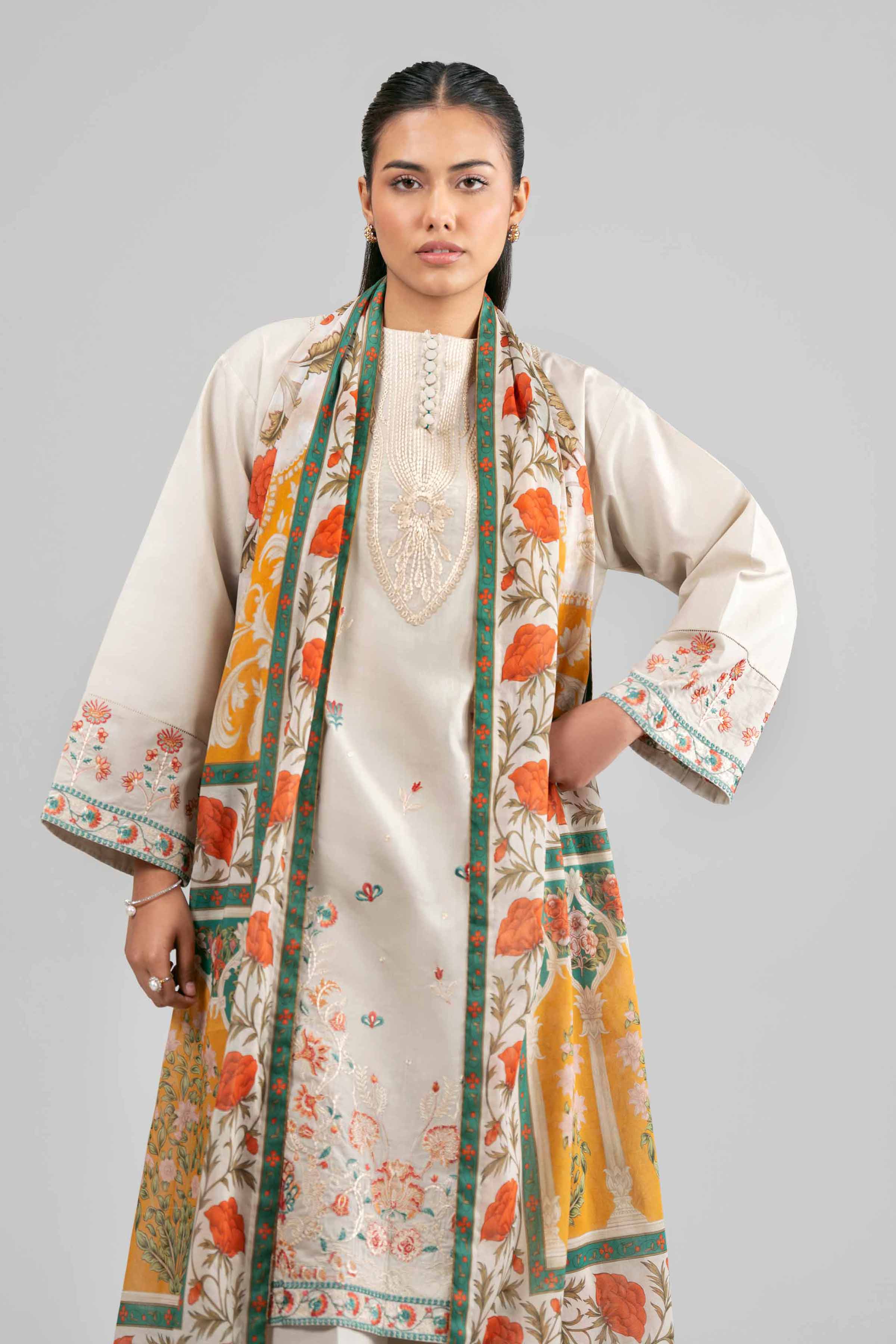 3 Piece - Digital Printed Embroidered Suit - 42601527 Beige Lawn 3PC Embroidered Summer