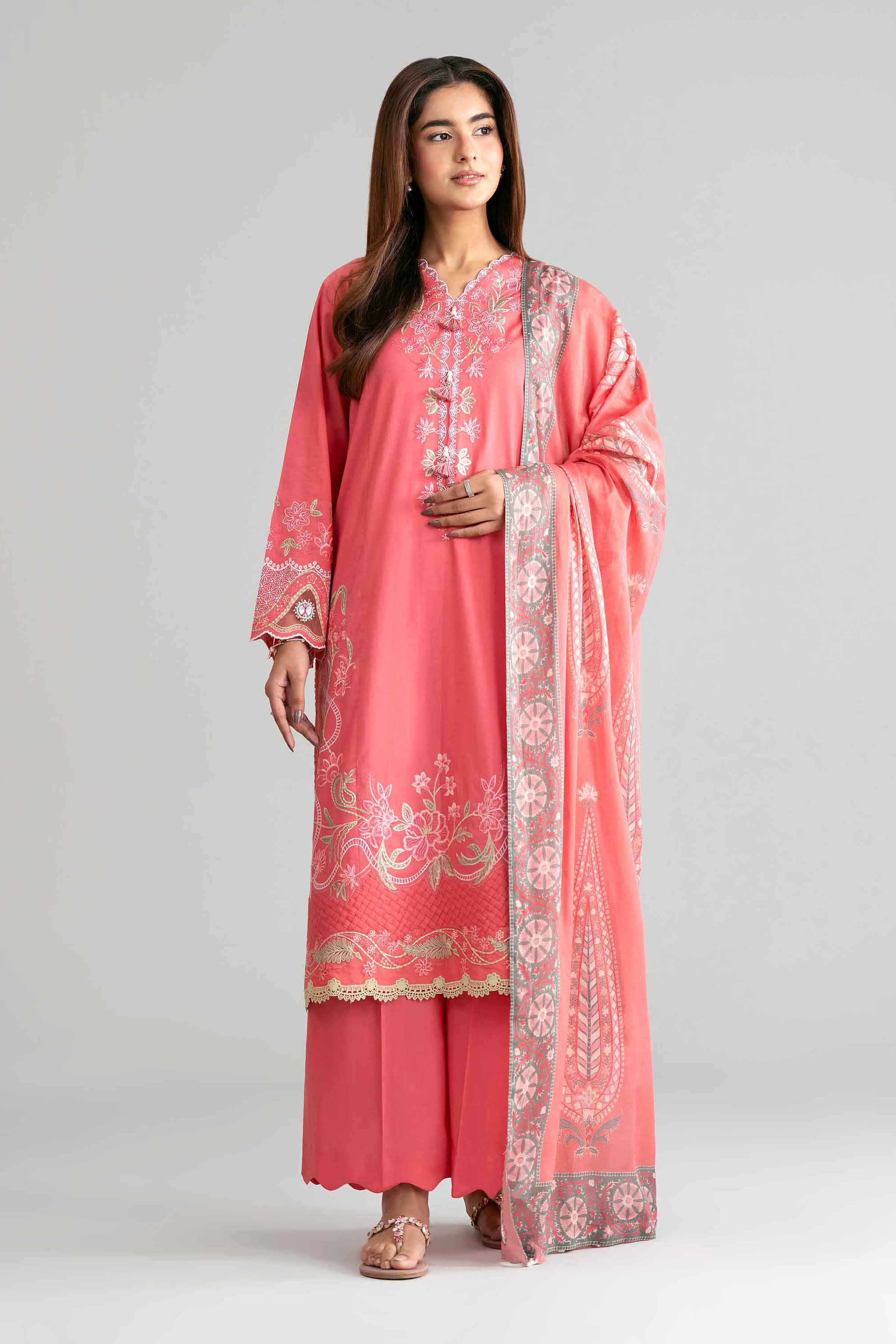 3 Piece - Digital Printed Embroidered Suit - 42601528 Pink Lawn 3PC Embroidered Summer