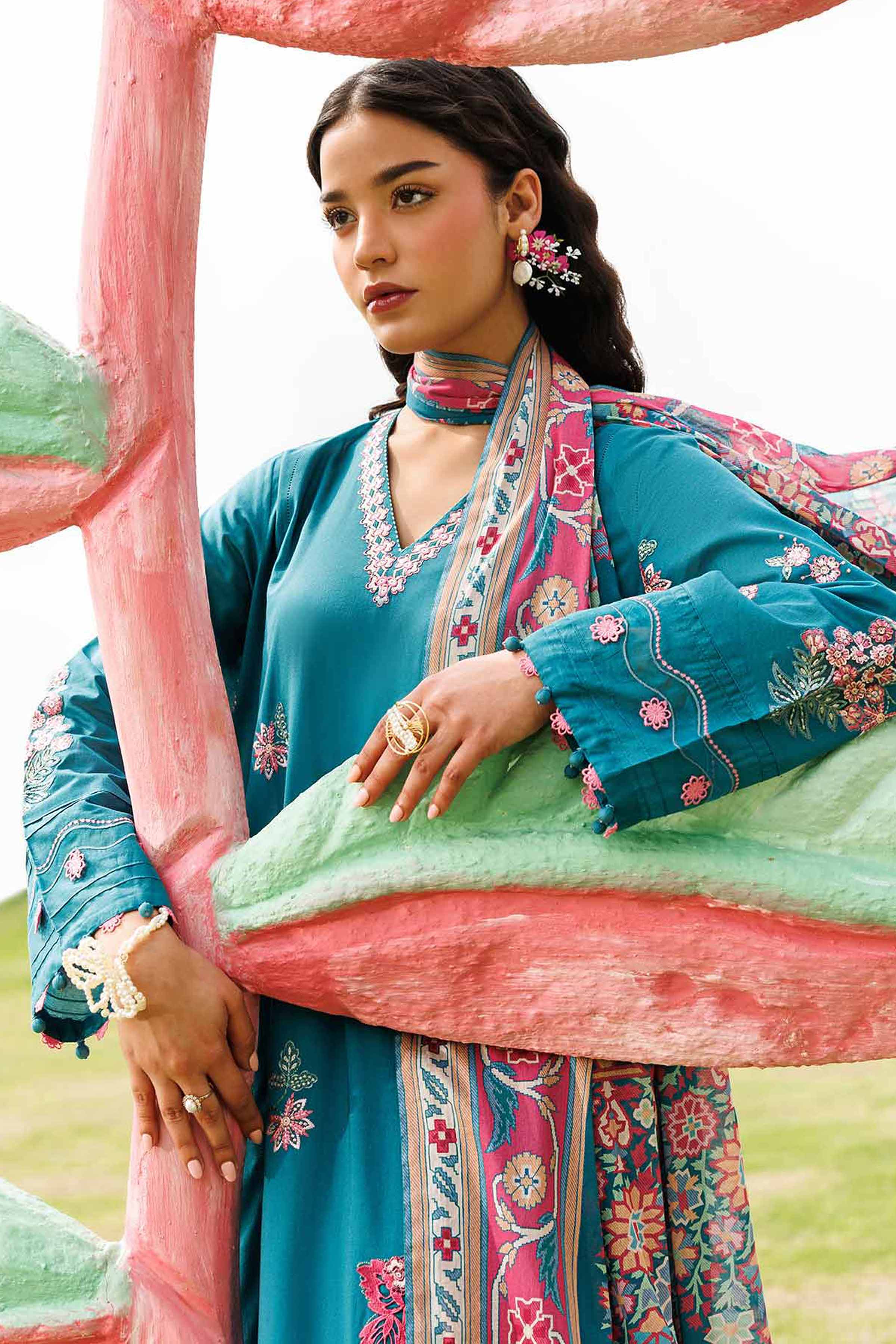 NISHAT UAE 3Pc Embroidered Unstitched Women Blue Lawn Suit