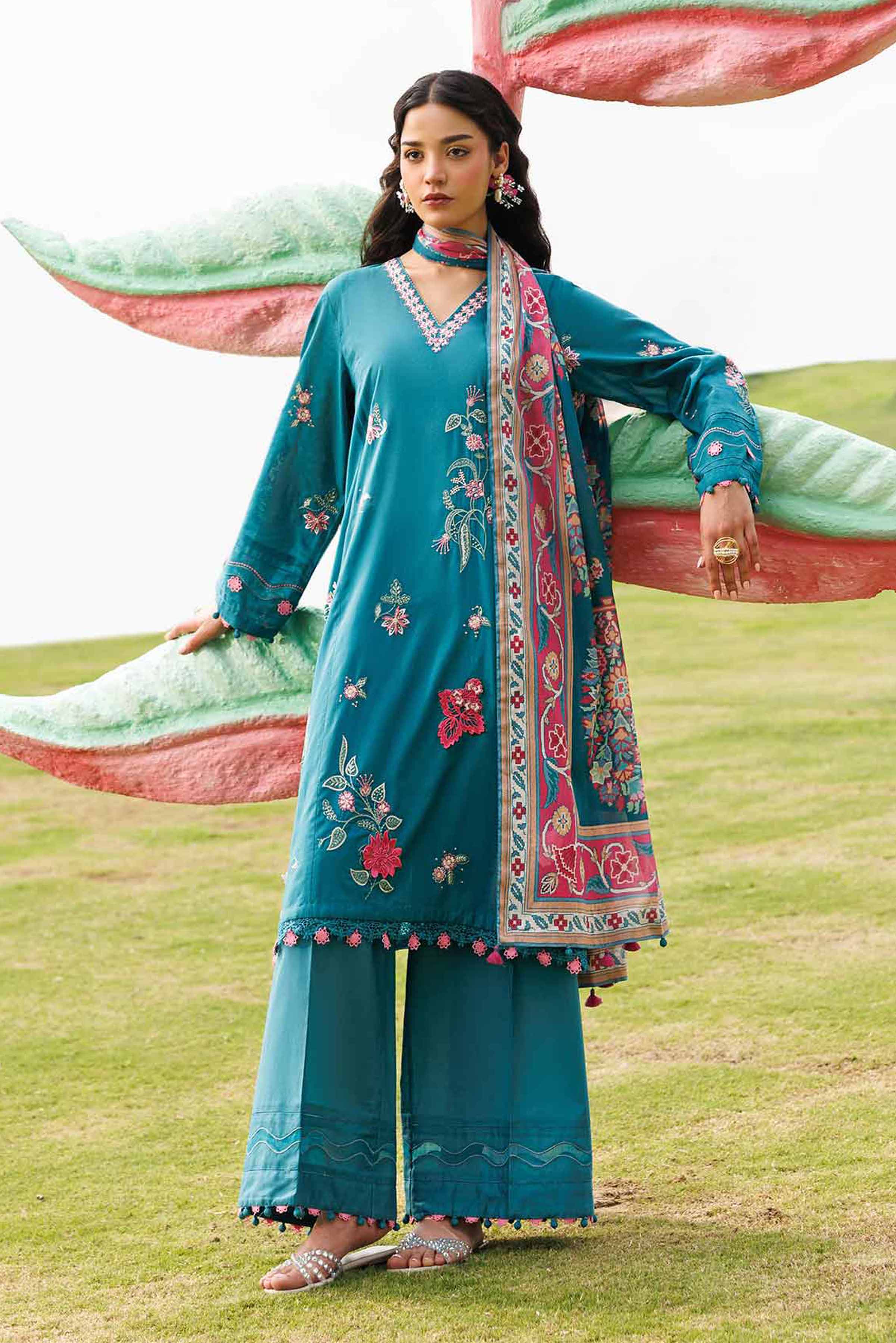 NISHAT UAE 3Pc Embroidered Unstitched Women Blue Lawn Suit