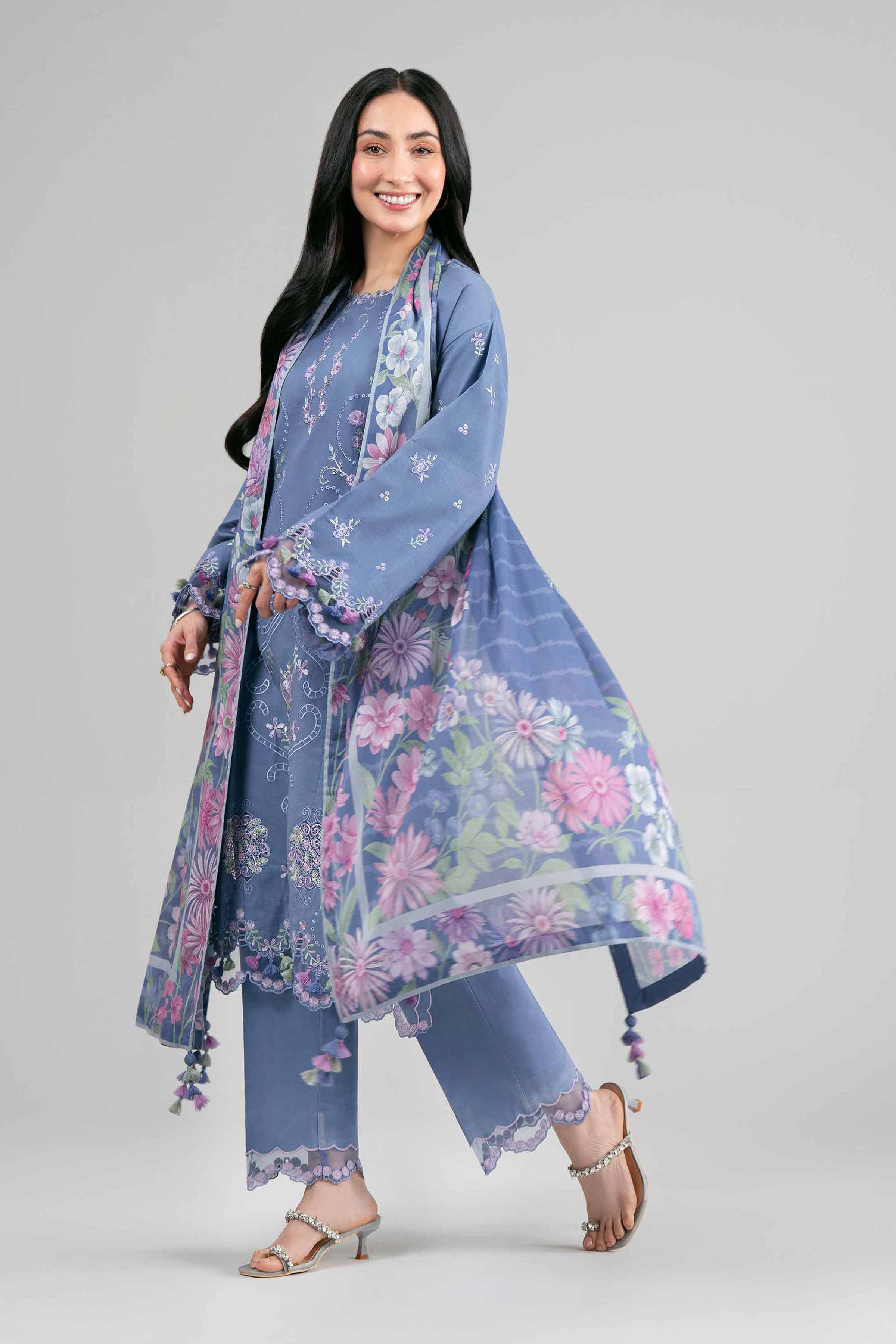 3 Piece - Digital Printed Embroidered Suit - 42601531 Blue Lawn 3PC Embroidered Summer