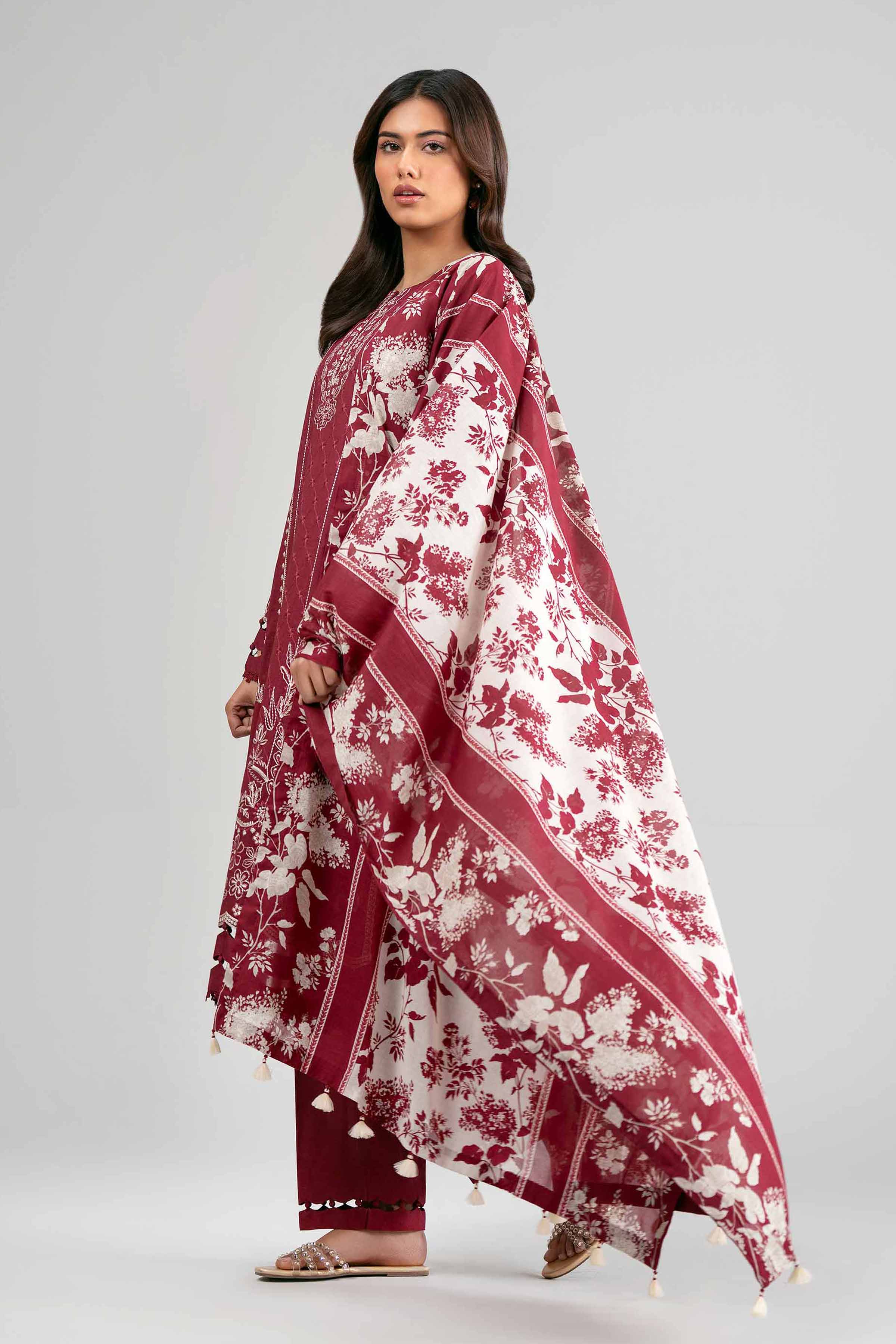 3 Piece - Printed Embroidered Suit - 42601536 Maroon Lawn 3PC Embroidered Summer