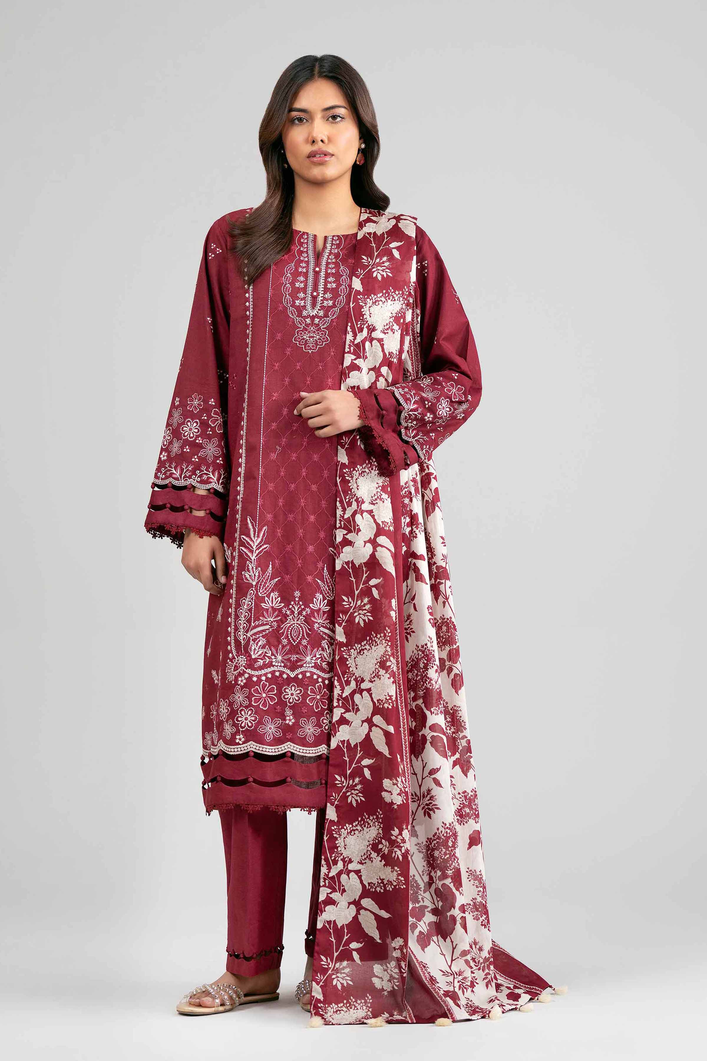 3 Piece - Printed Embroidered Suit - 42601536 Maroon Lawn 3PC Embroidered Summer