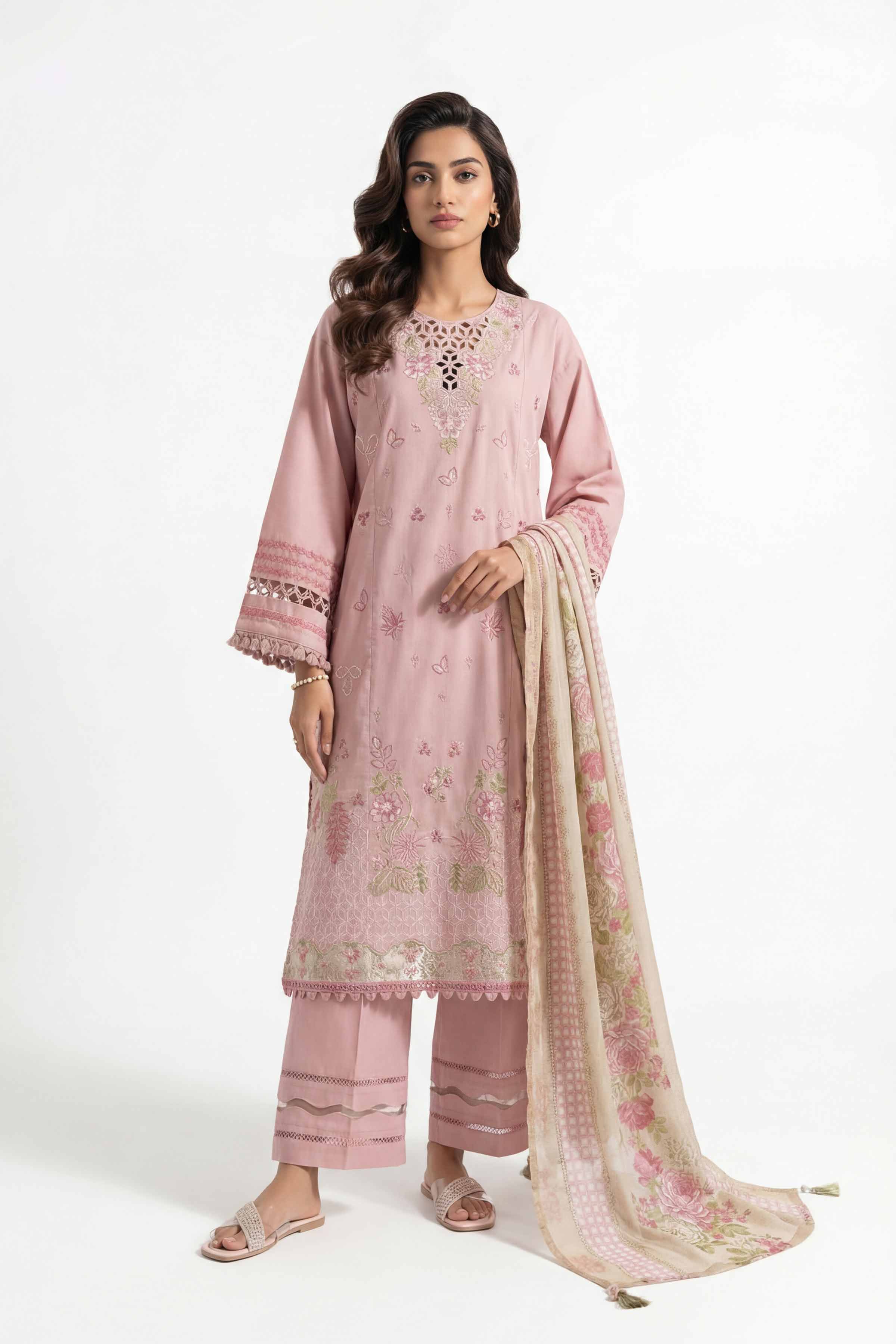 3 Piece - Printed Embroidered Suit - 42601537 Pink Lawn 3PC Embroidered Summer