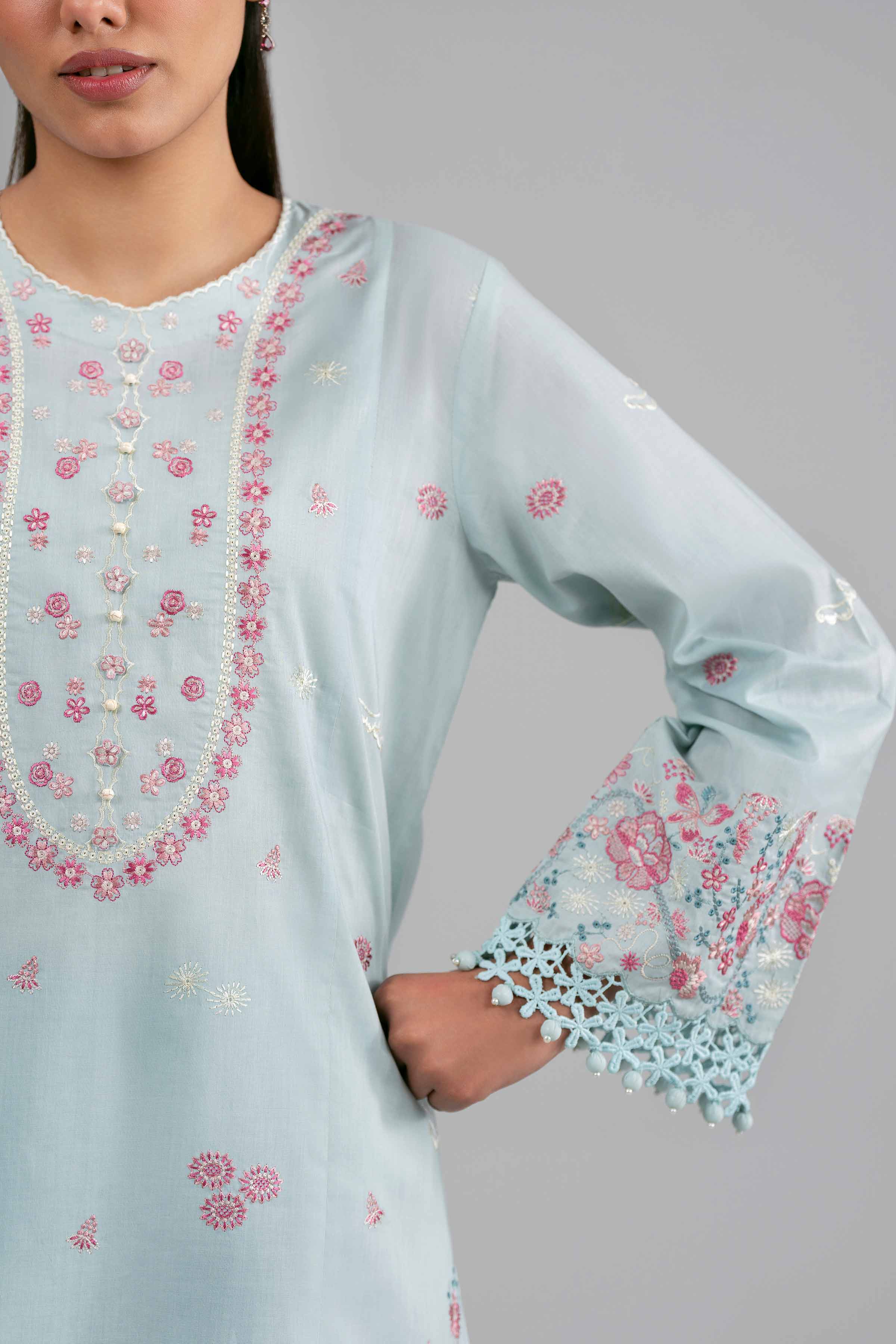 3 Piece - Printed Embroidered Suit - 42601539 Blue Lawn 3PC Embroidered Summer