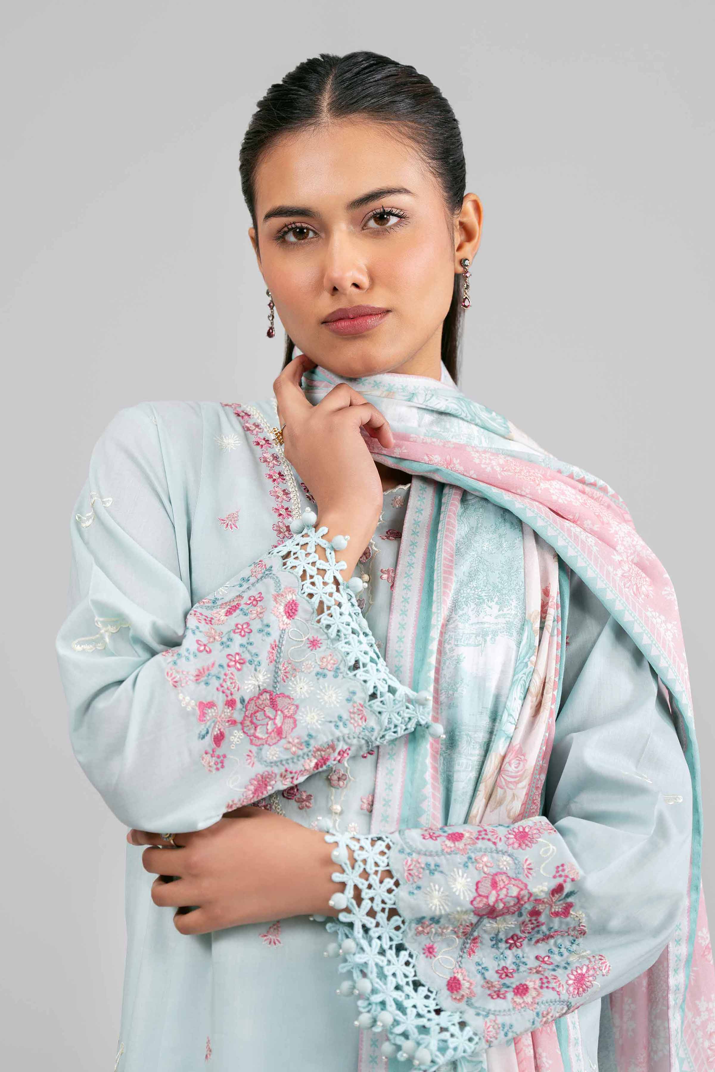 3 Piece - Printed Embroidered Suit - 42601539 Blue Lawn 3PC Embroidered Summer