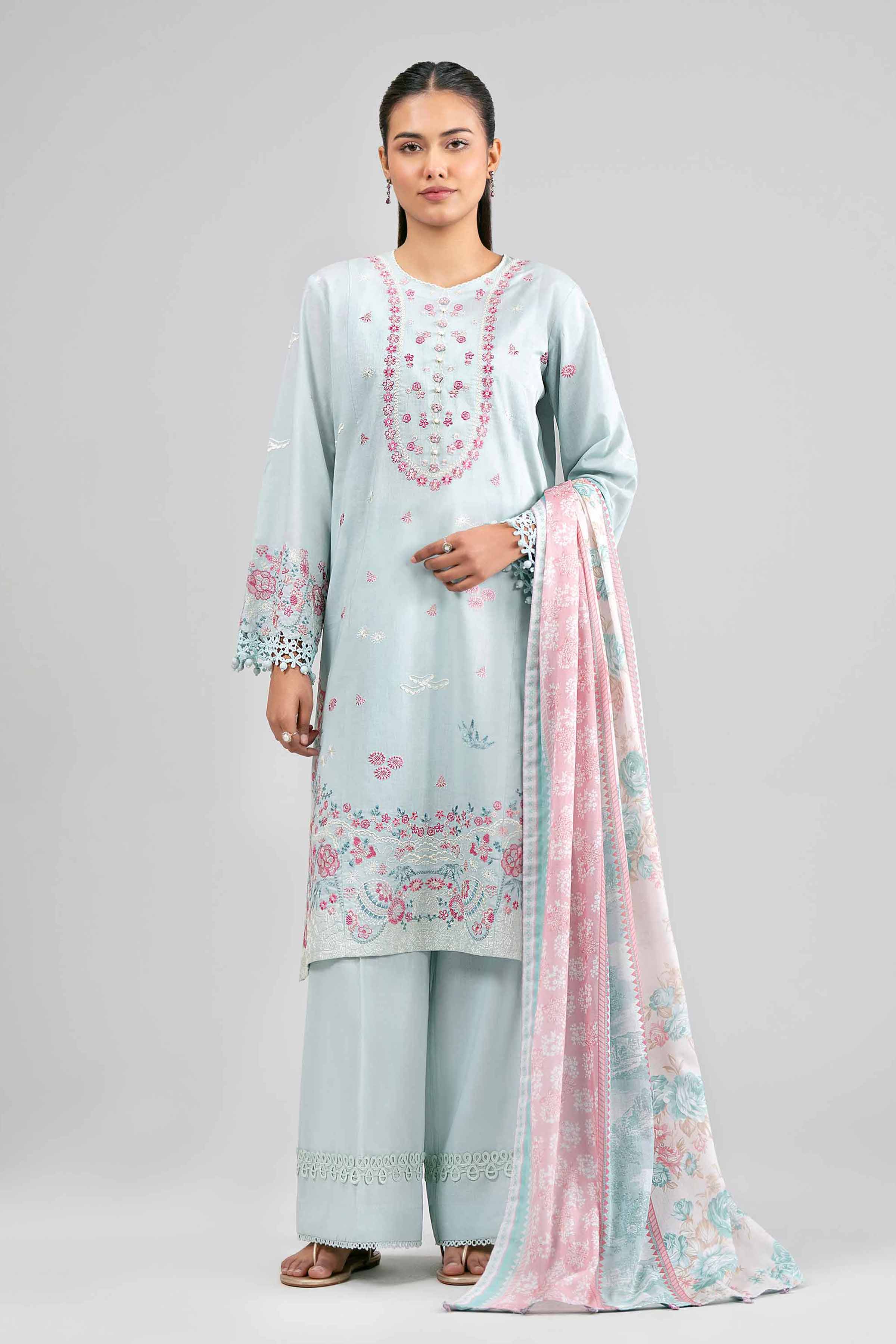 3 Piece - Printed Embroidered Suit - 42601539 Blue Lawn 3PC Embroidered Summer