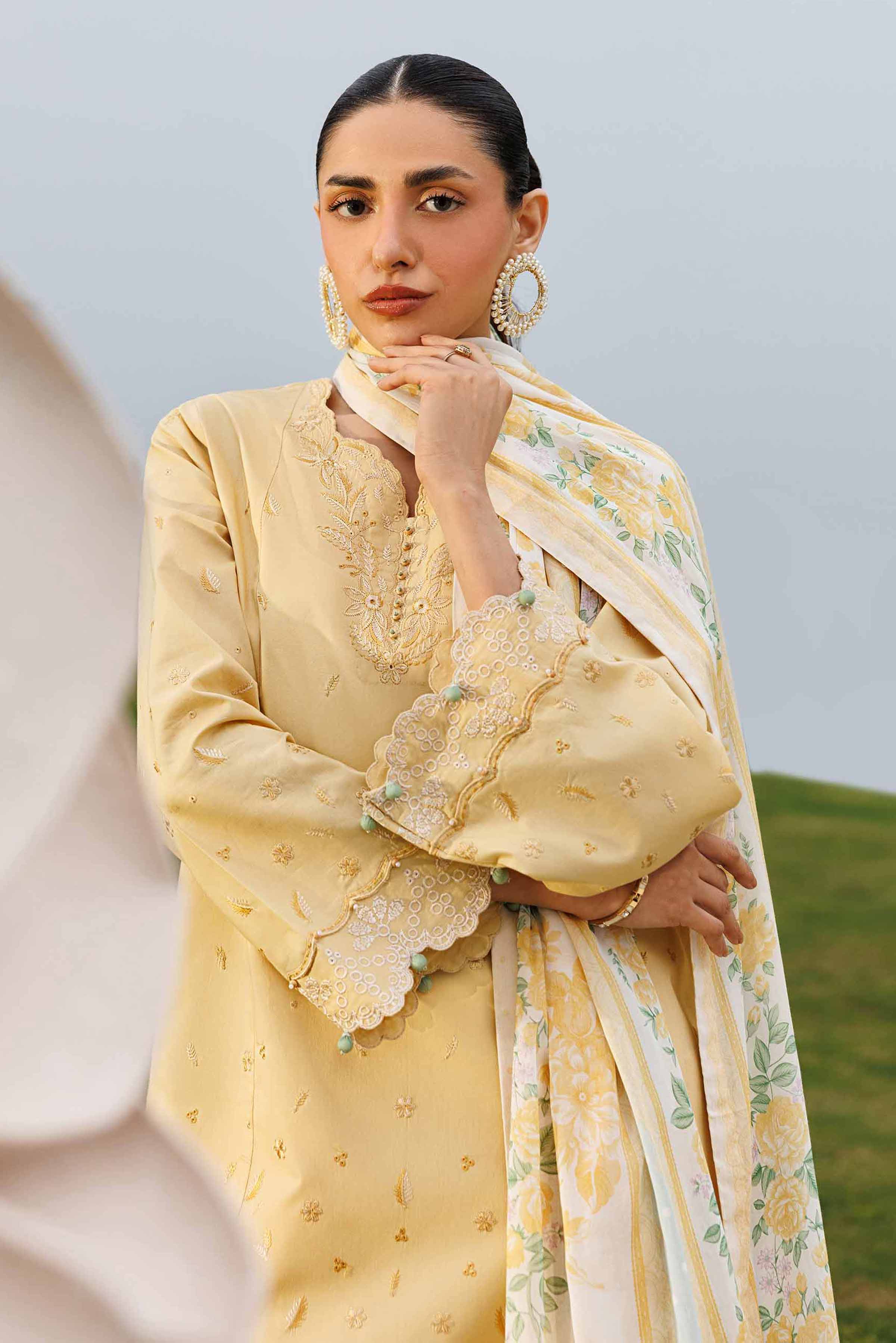 3 Piece - Printed Embroidered Suit - 42601540 Yellow Lawn 3PC Embroidered Summer