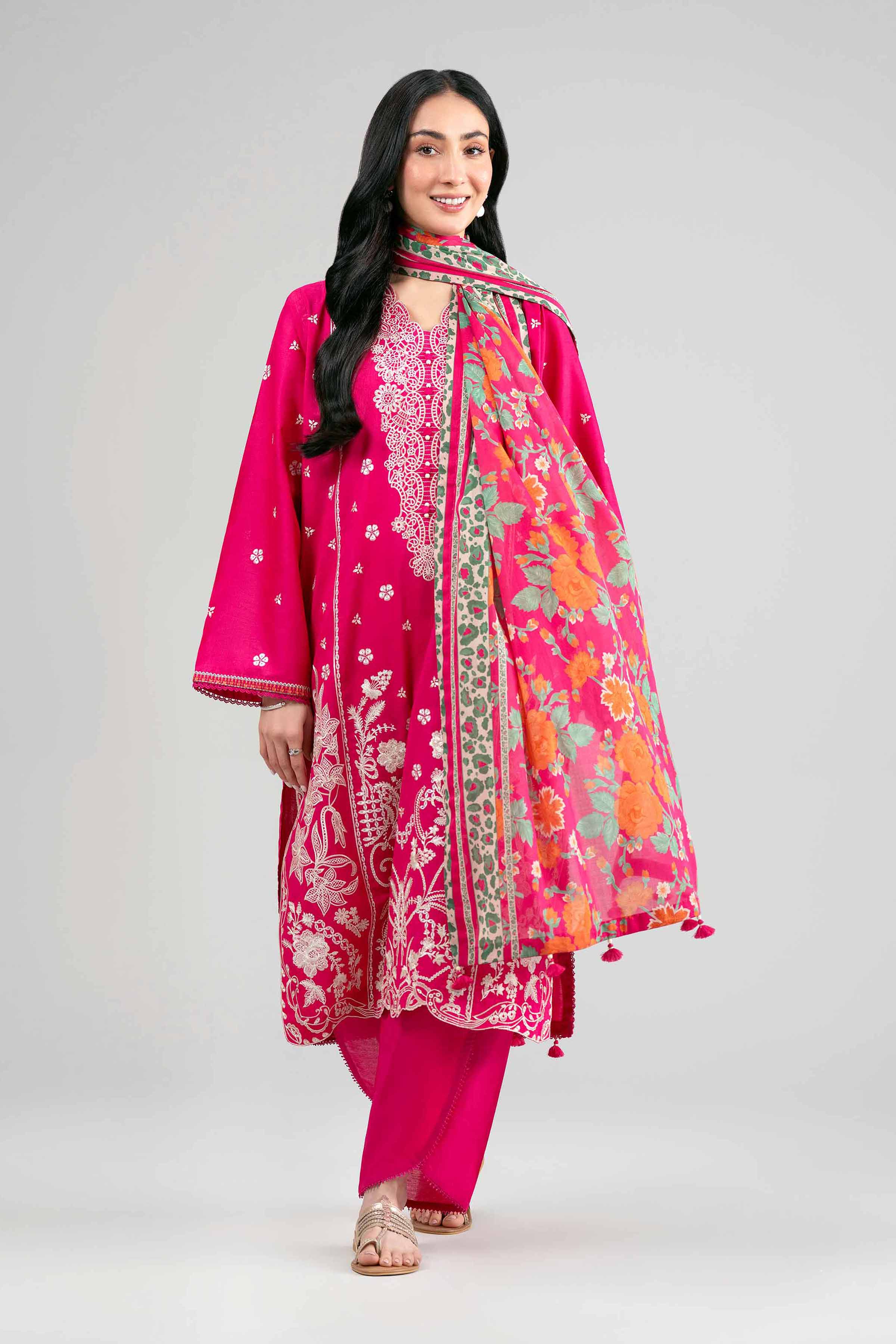 3 Piece - Printed Embroidered Suit - 42601542 Pink Lawn 3PC Embroidered Summer