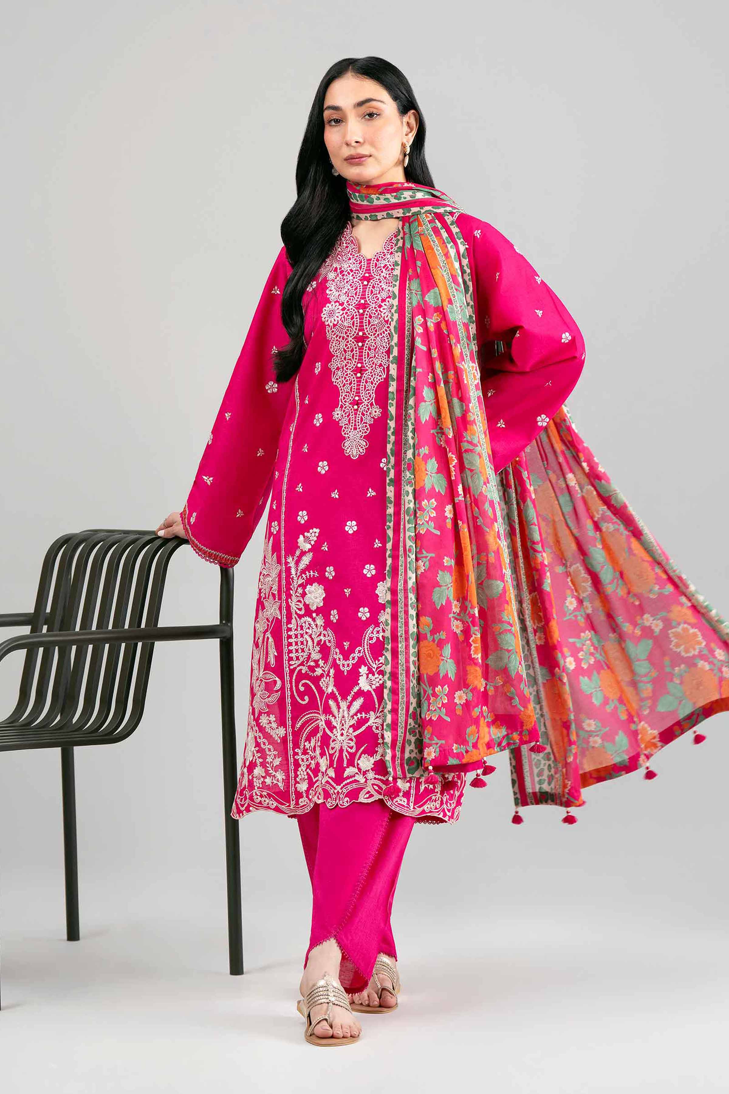 3 Piece - Printed Embroidered Suit - 42601542 Pink Lawn 3PC Embroidered Summer