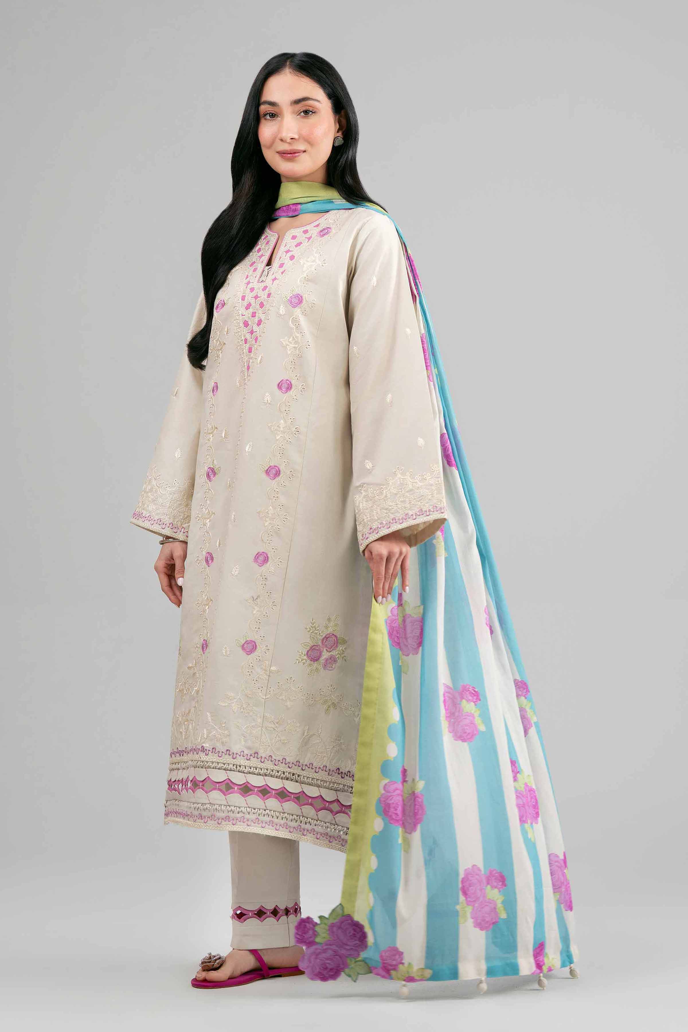 3 Piece - Printed Embroidered Suit - 42601543 Beige Lawn 3PC Embroidered Summer