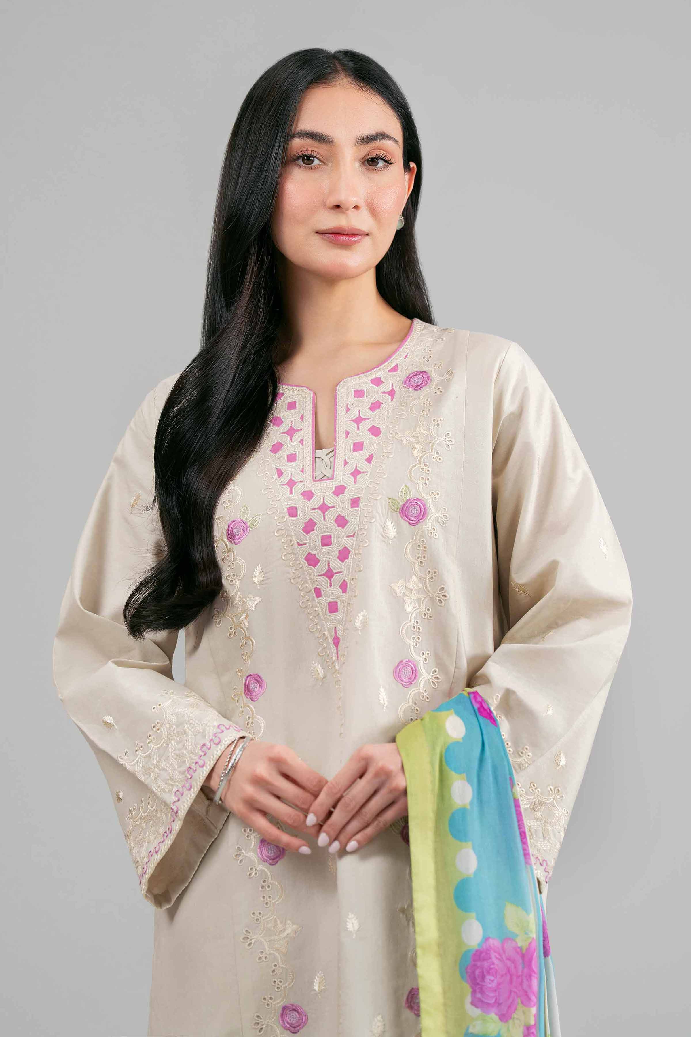 3 Piece - Printed Embroidered Suit - 42601543 Beige Lawn 3PC Embroidered Summer