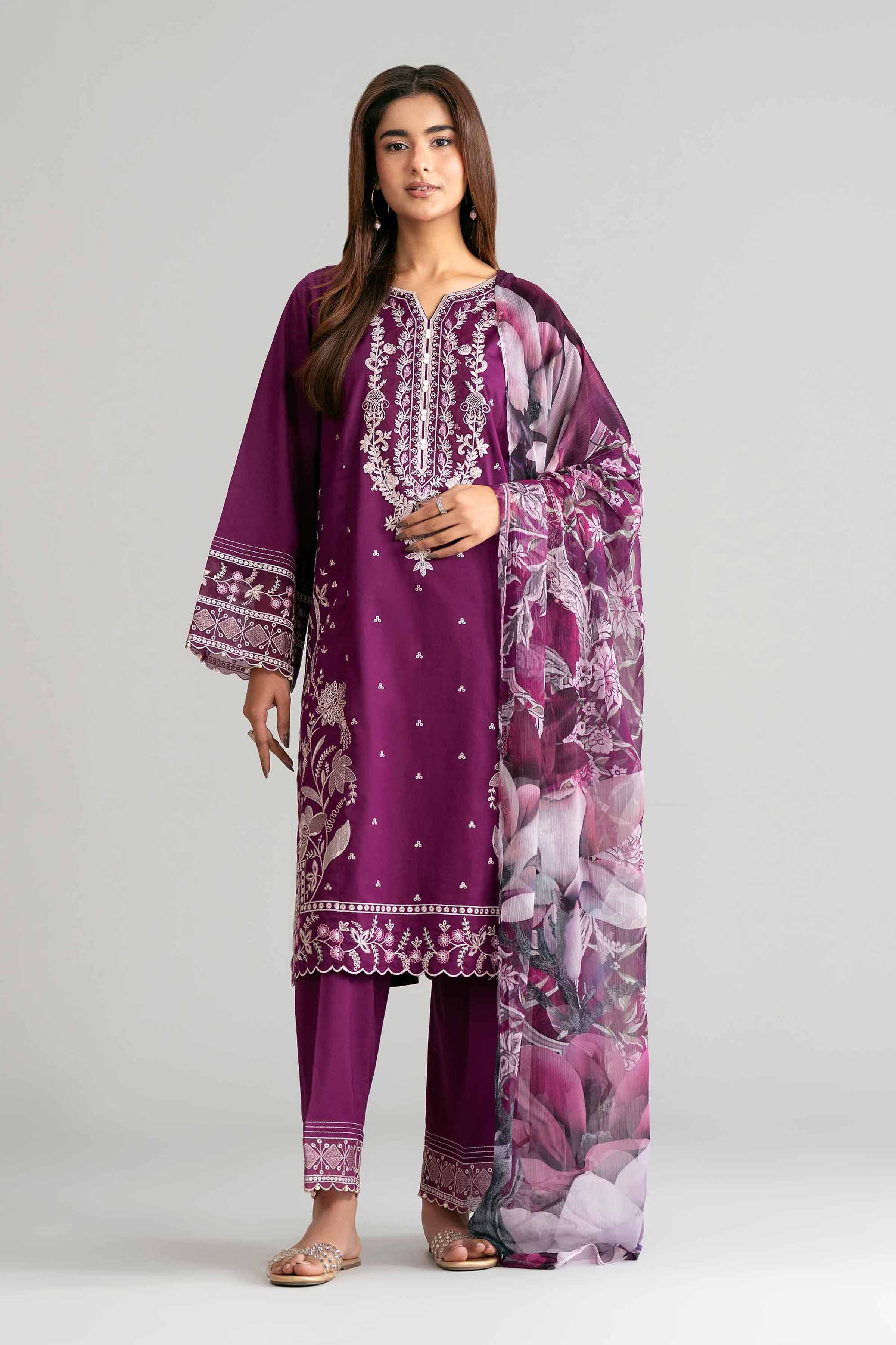 3 Piece - Digital Printed Embroidered Suit - 42601545 Purple Lawn 3PC Embroidered Summer