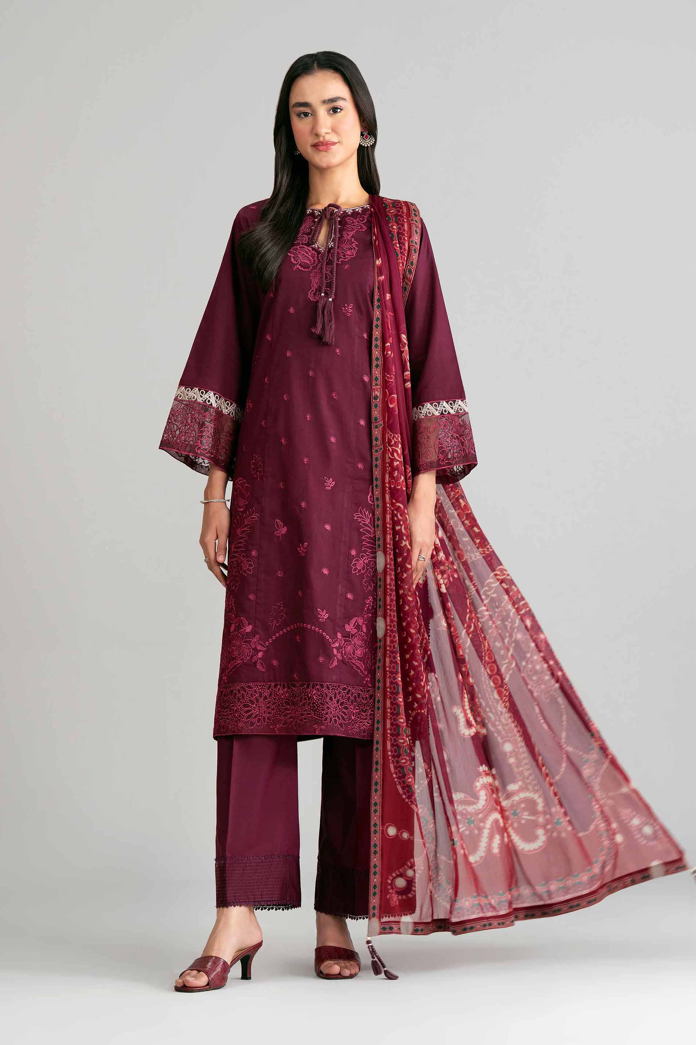 NISHAT UAE 3Pc Embroidered Unstitched Women Maroon Lawn Suit
