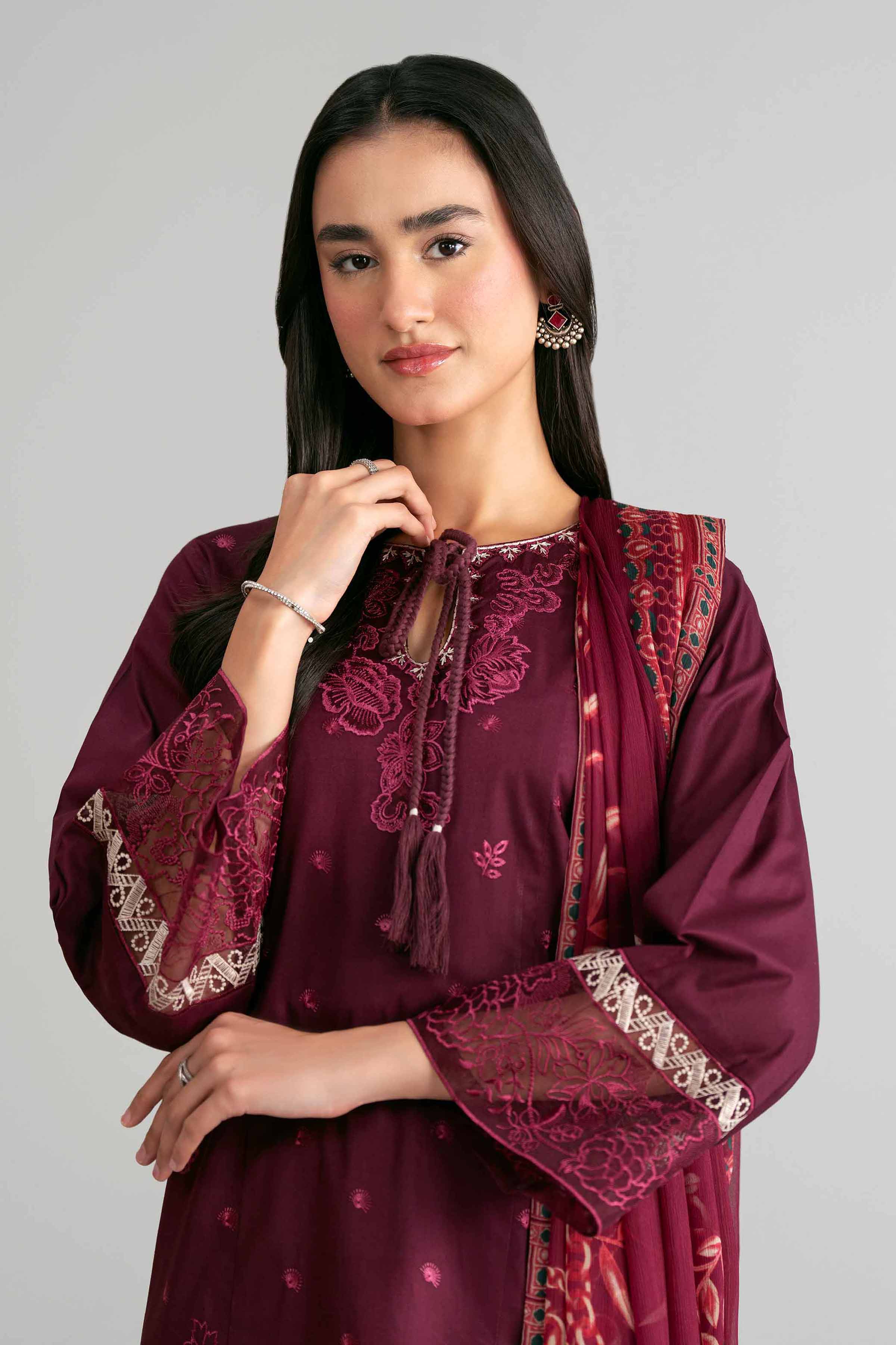 NISHAT UAE 3Pc Embroidered Unstitched Women Maroon Lawn Suit