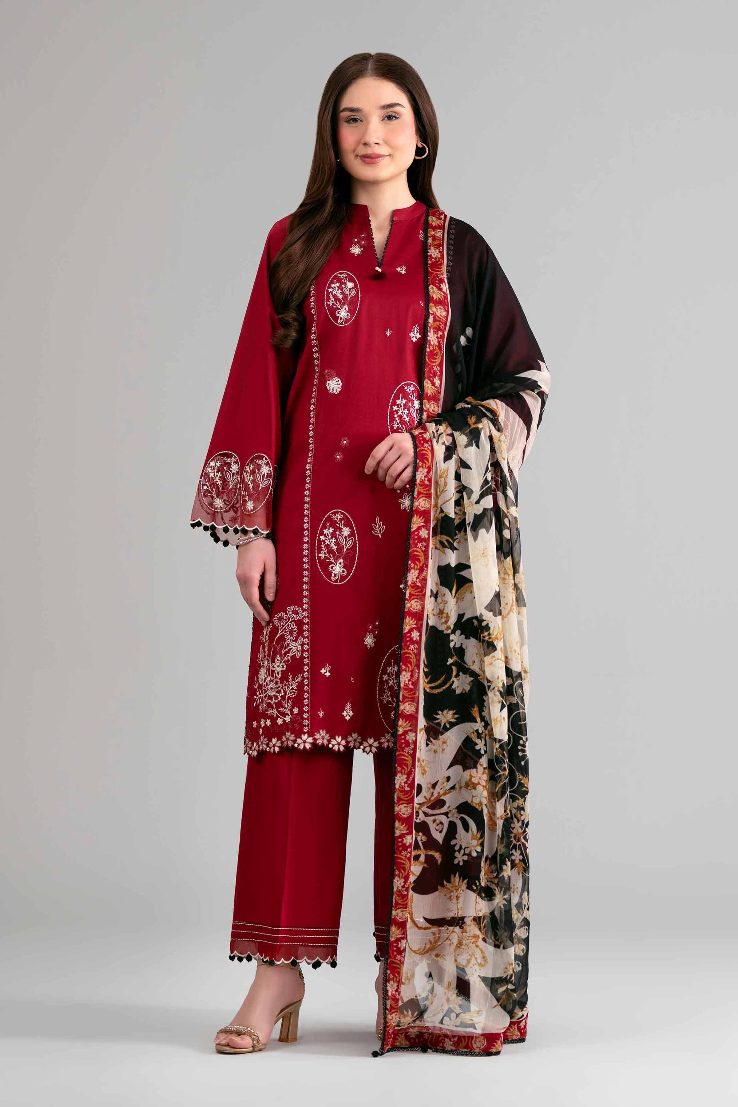 3 Piece - Digital Printed Embroidered Suit - 42601550 Maroon Lawn 3PC Embroidered Summer