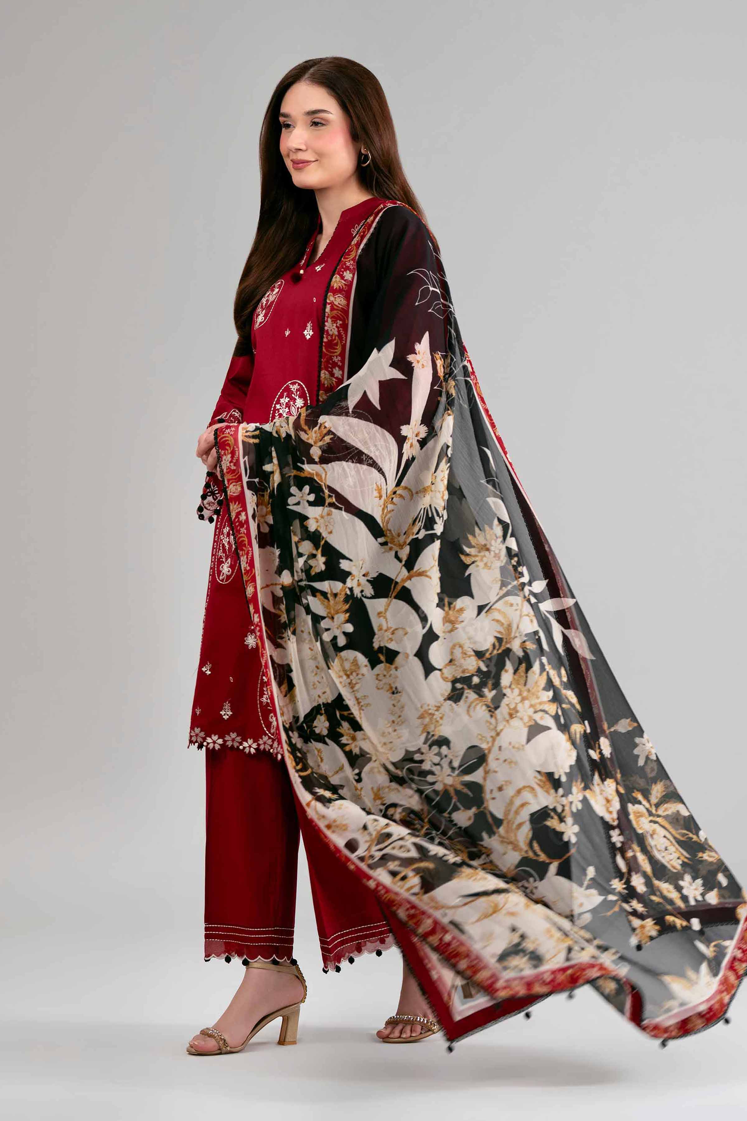 3 Piece - Digital Printed Embroidered Suit - 42601550 Maroon Lawn 3PC Embroidered Summer