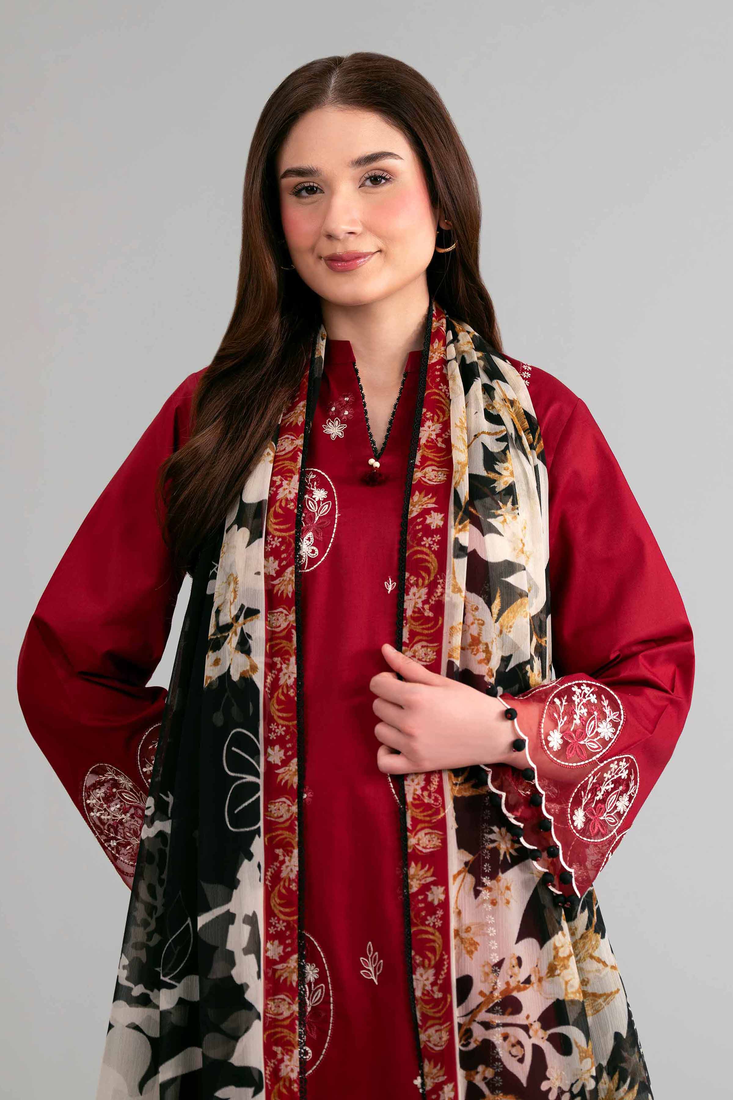 3 Piece - Digital Printed Embroidered Suit - 42601550 Maroon Lawn 3PC Embroidered Summer