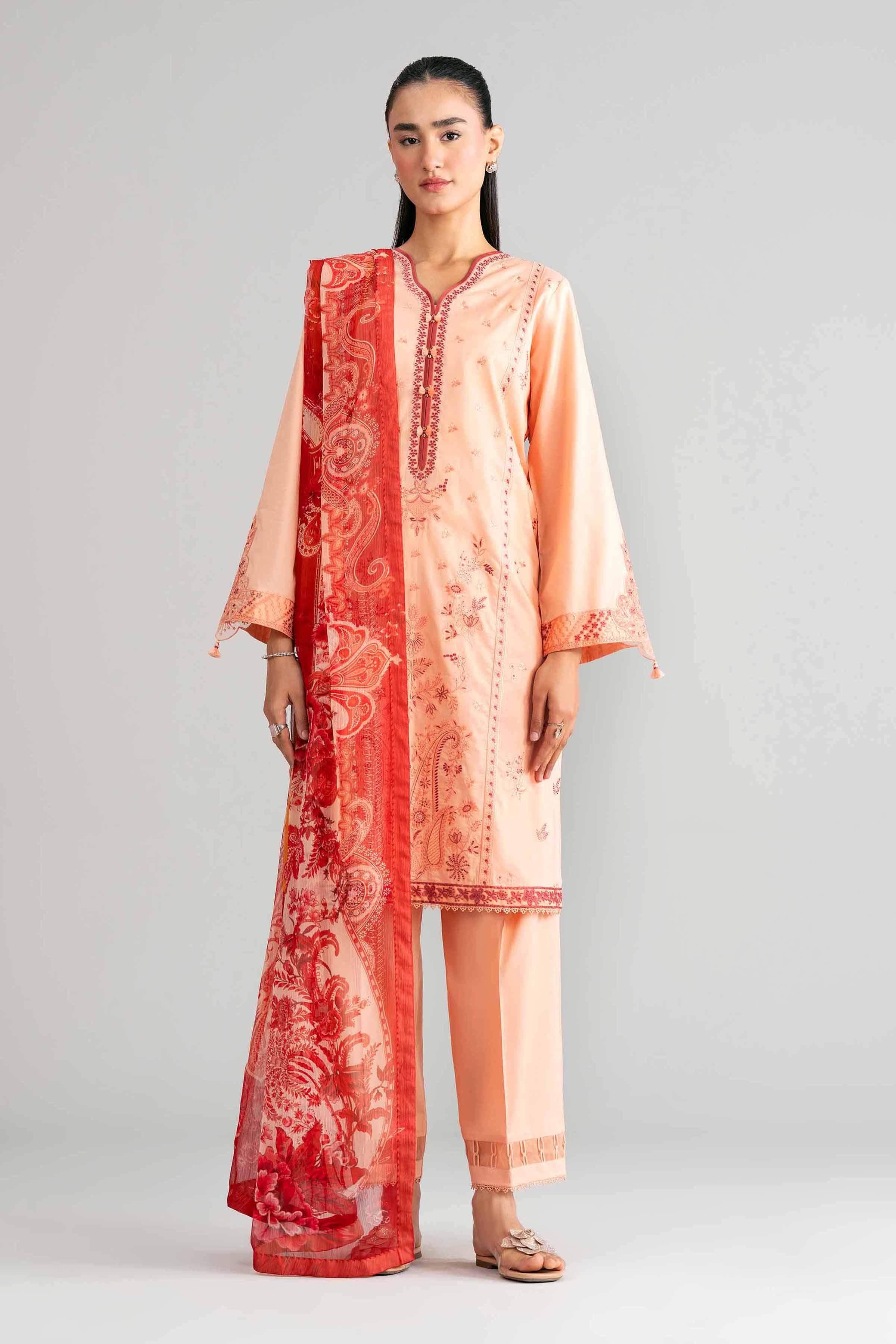 3 Piece - Digital Printed Embroidered Suit - 42601553 Orange Lawn 3PC Embroidered Summer