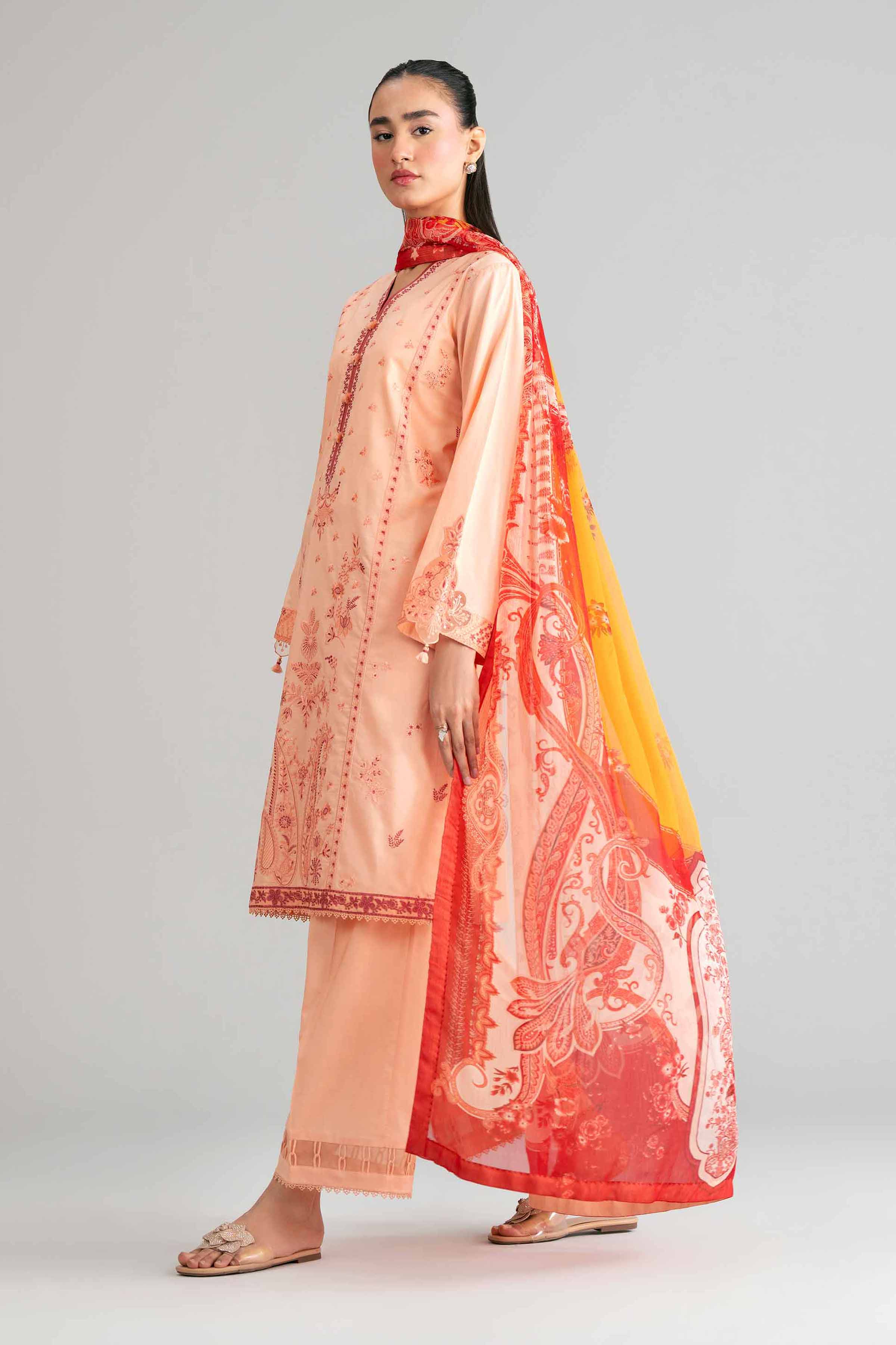 3 Piece - Digital Printed Embroidered Suit - 42601553 Orange Lawn 3PC Embroidered Summer