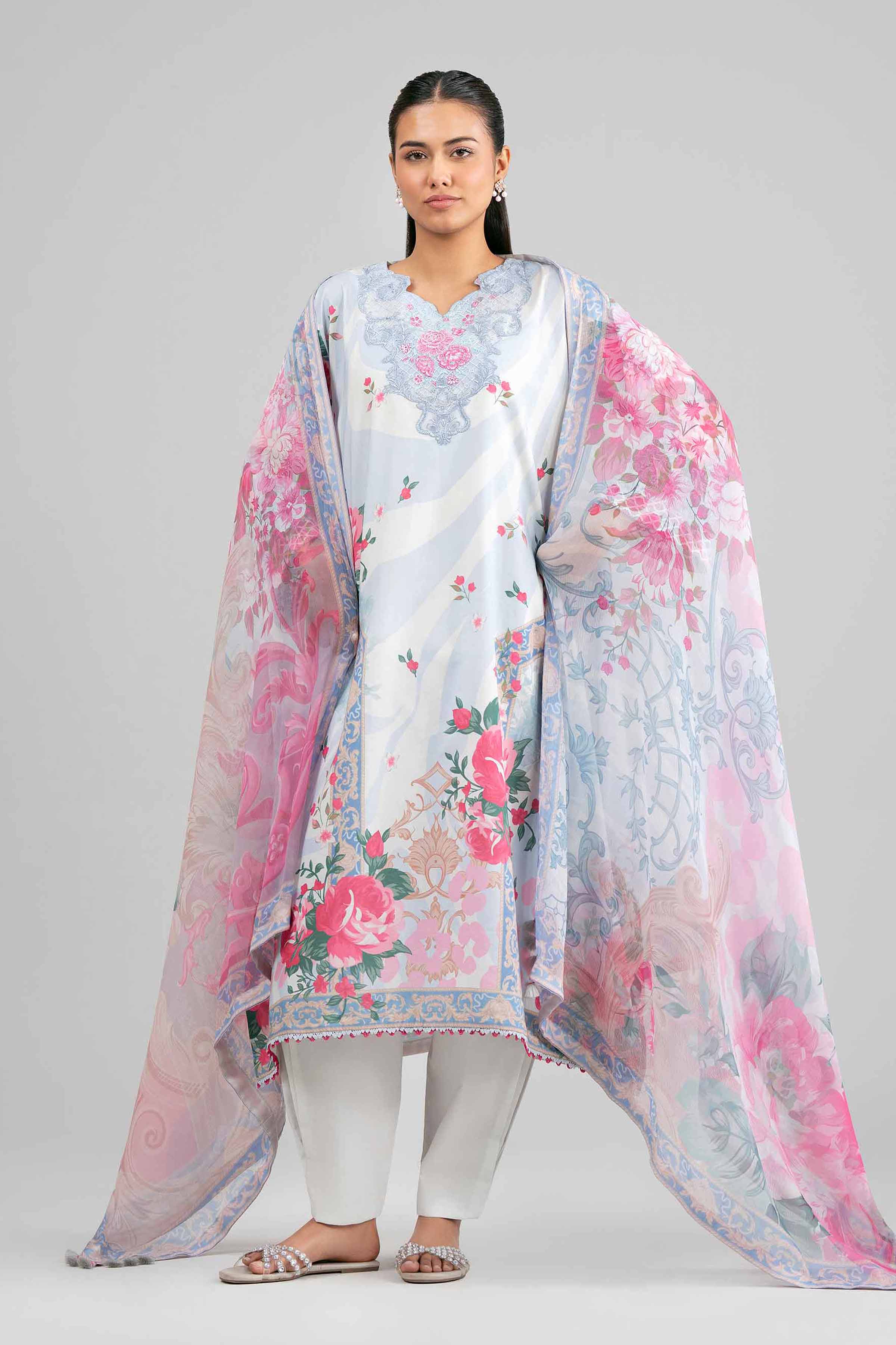 3 Piece - Digital Printed Embroidered Suit - 42601554 Blue Lawn 3PC Embroidered Summer