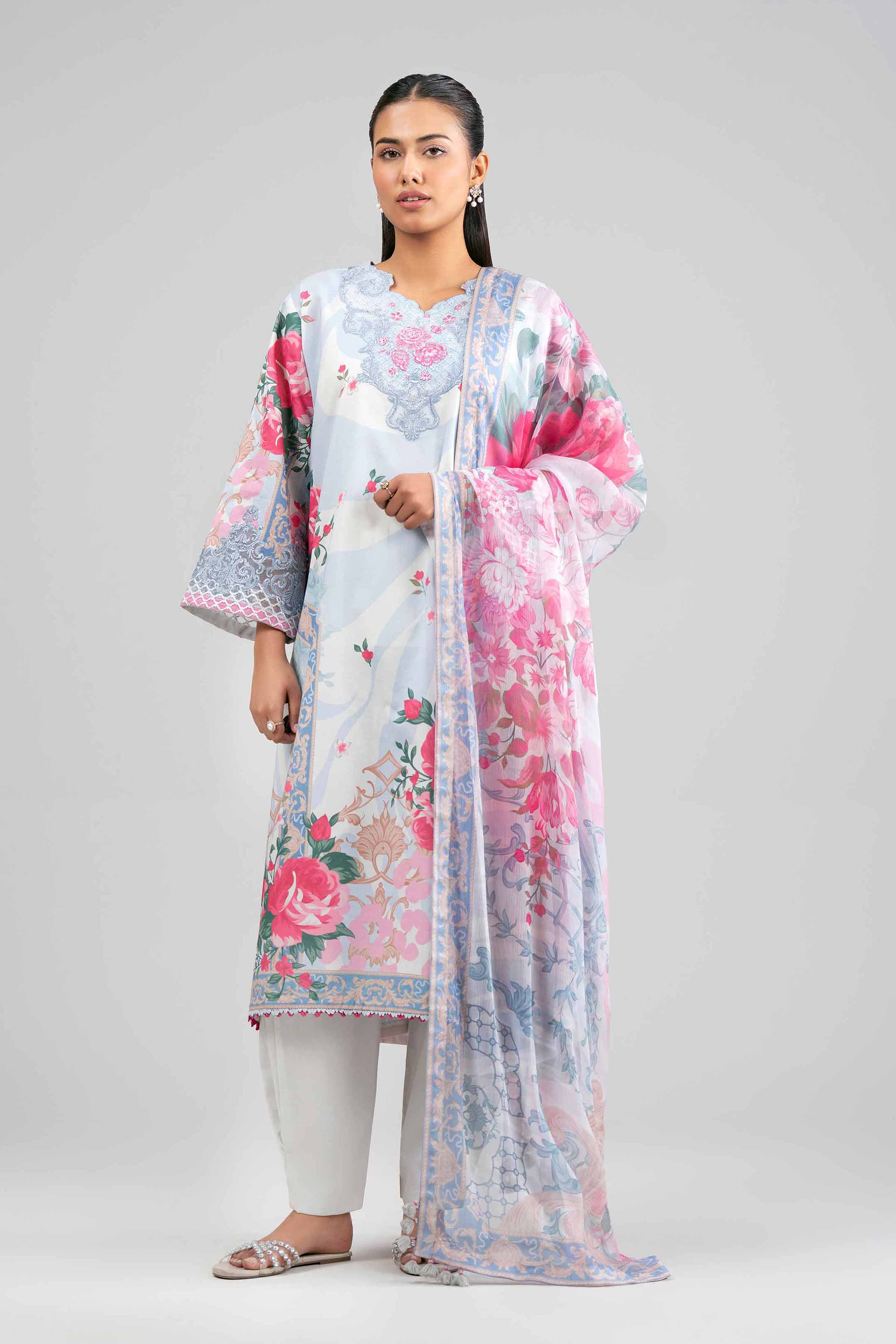 3 Piece - Digital Printed Embroidered Suit - 42601554 Blue Lawn 3PC Embroidered Summer