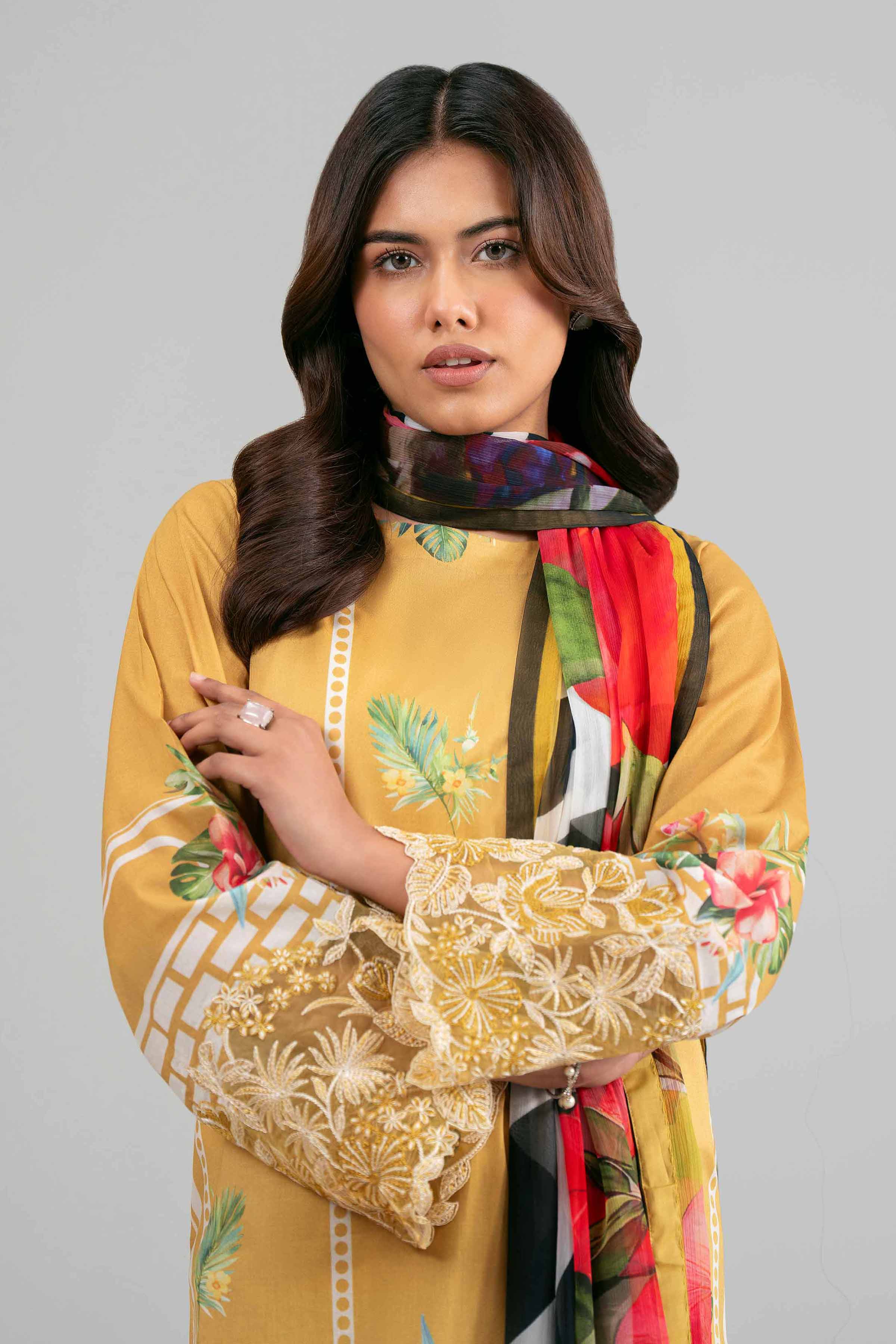 3 Piece - Digital Printed Embroidered Suit - 42601556 Yellow Lawn 3PC Embroidered Summer