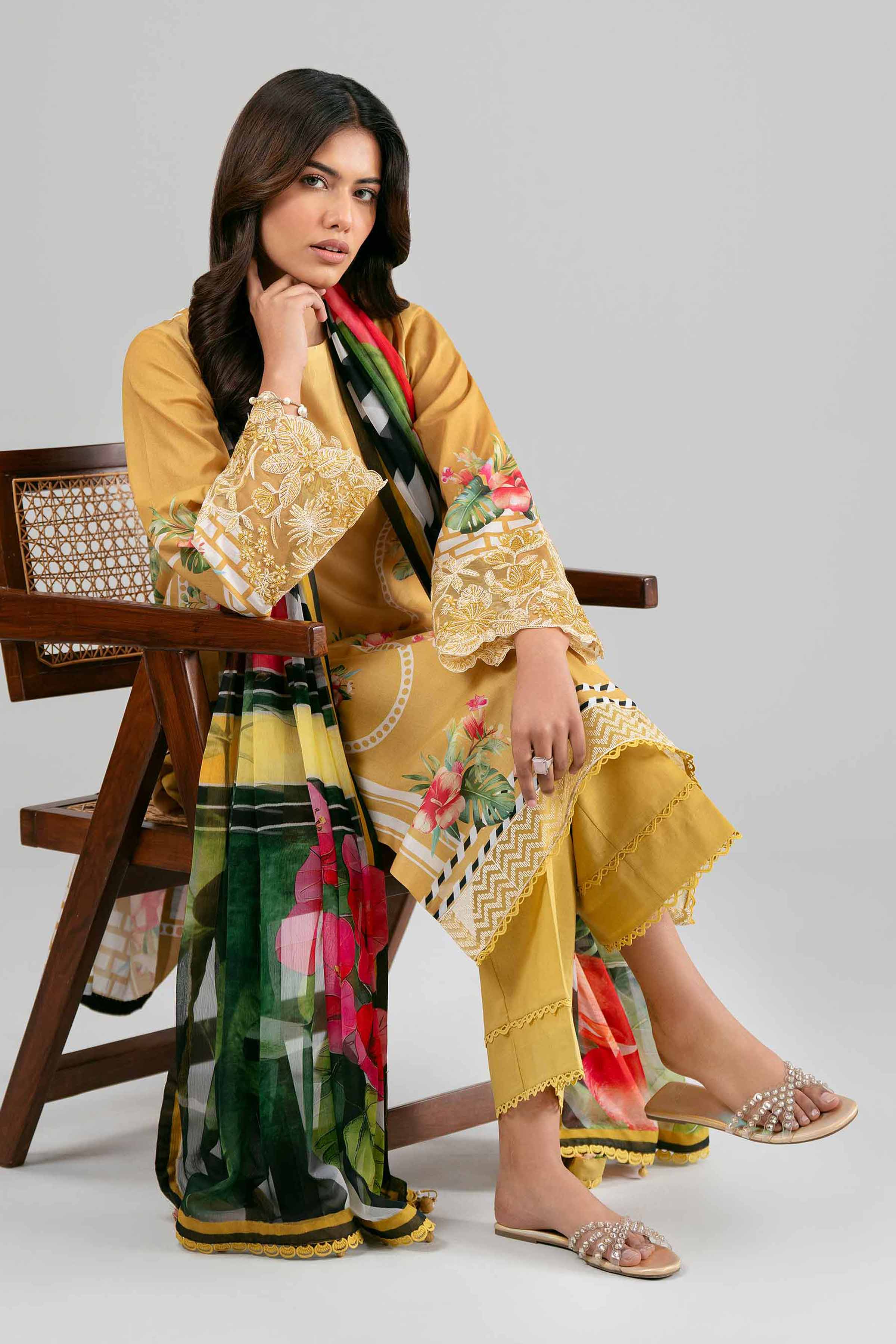 3 Piece - Digital Printed Embroidered Suit - 42601556 Yellow Lawn 3PC Embroidered Summer