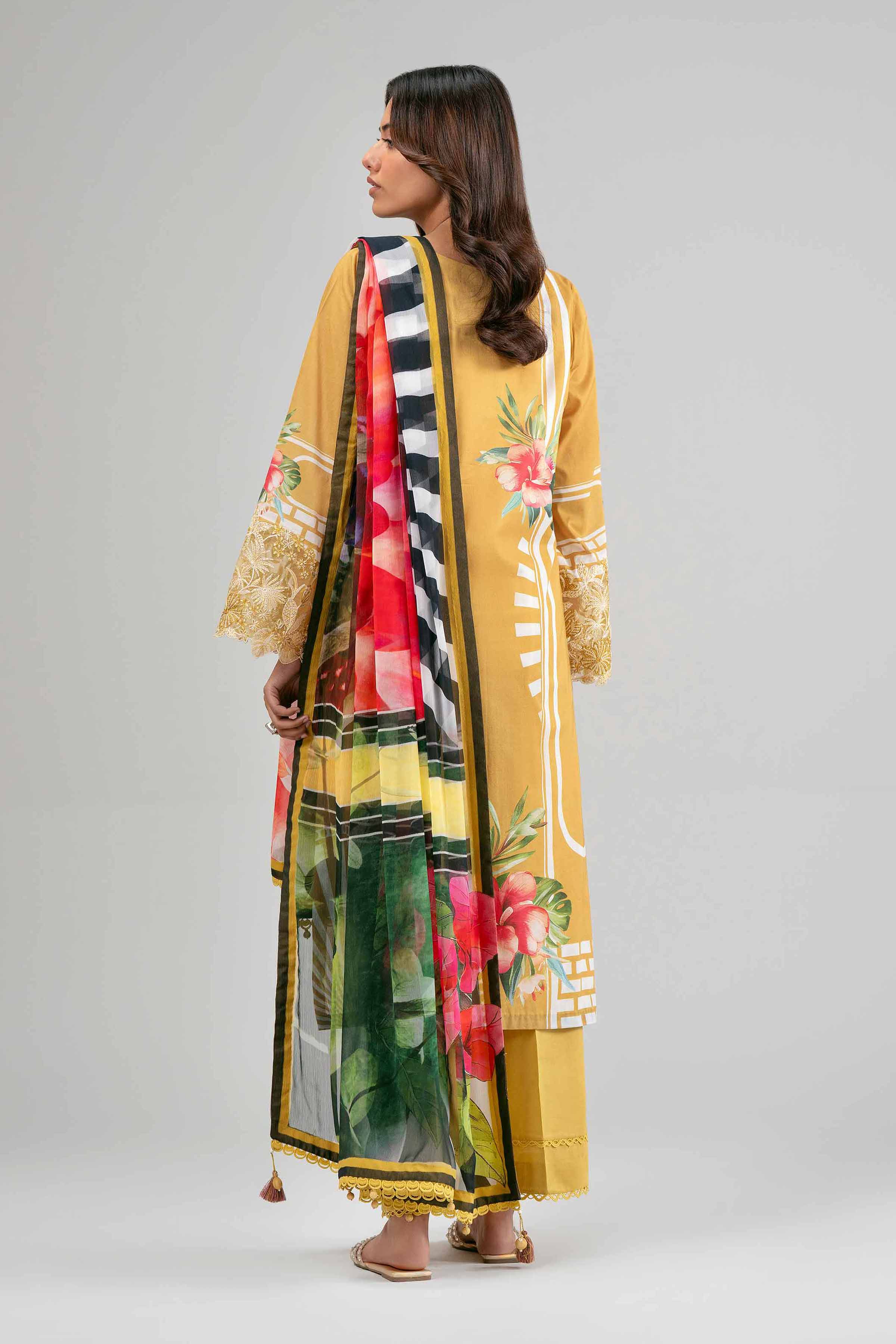 3 Piece - Digital Printed Embroidered Suit - 42601556 Yellow Lawn 3PC Embroidered Summer