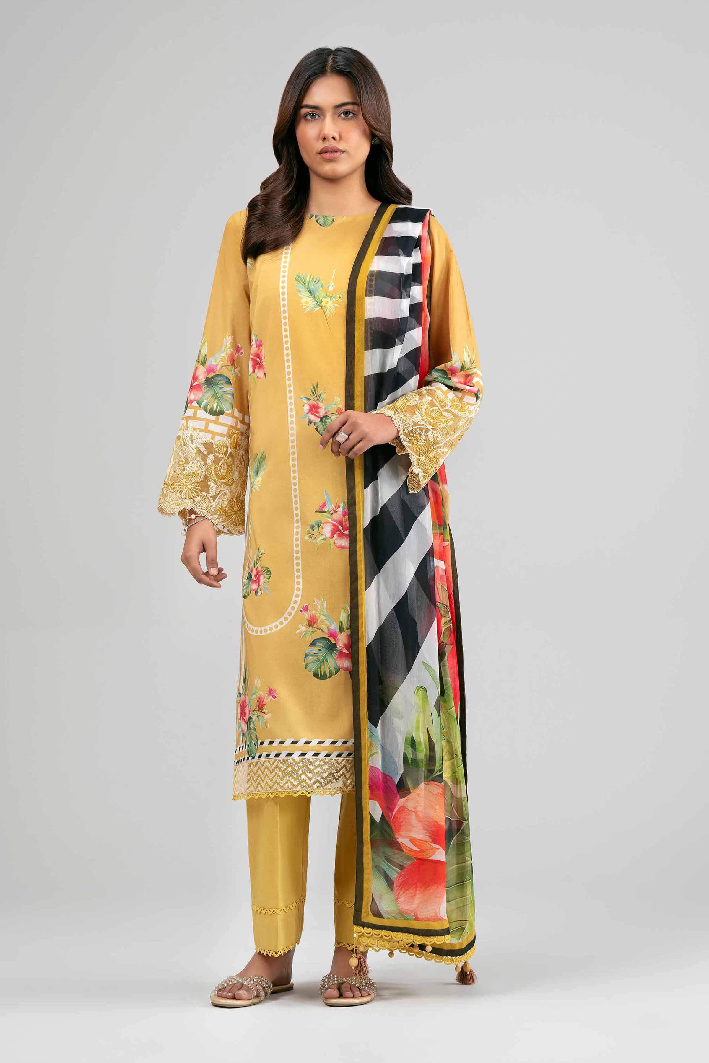 3 Piece - Digital Printed Embroidered Suit - 42601556 Yellow Lawn 3PC Embroidered Summer