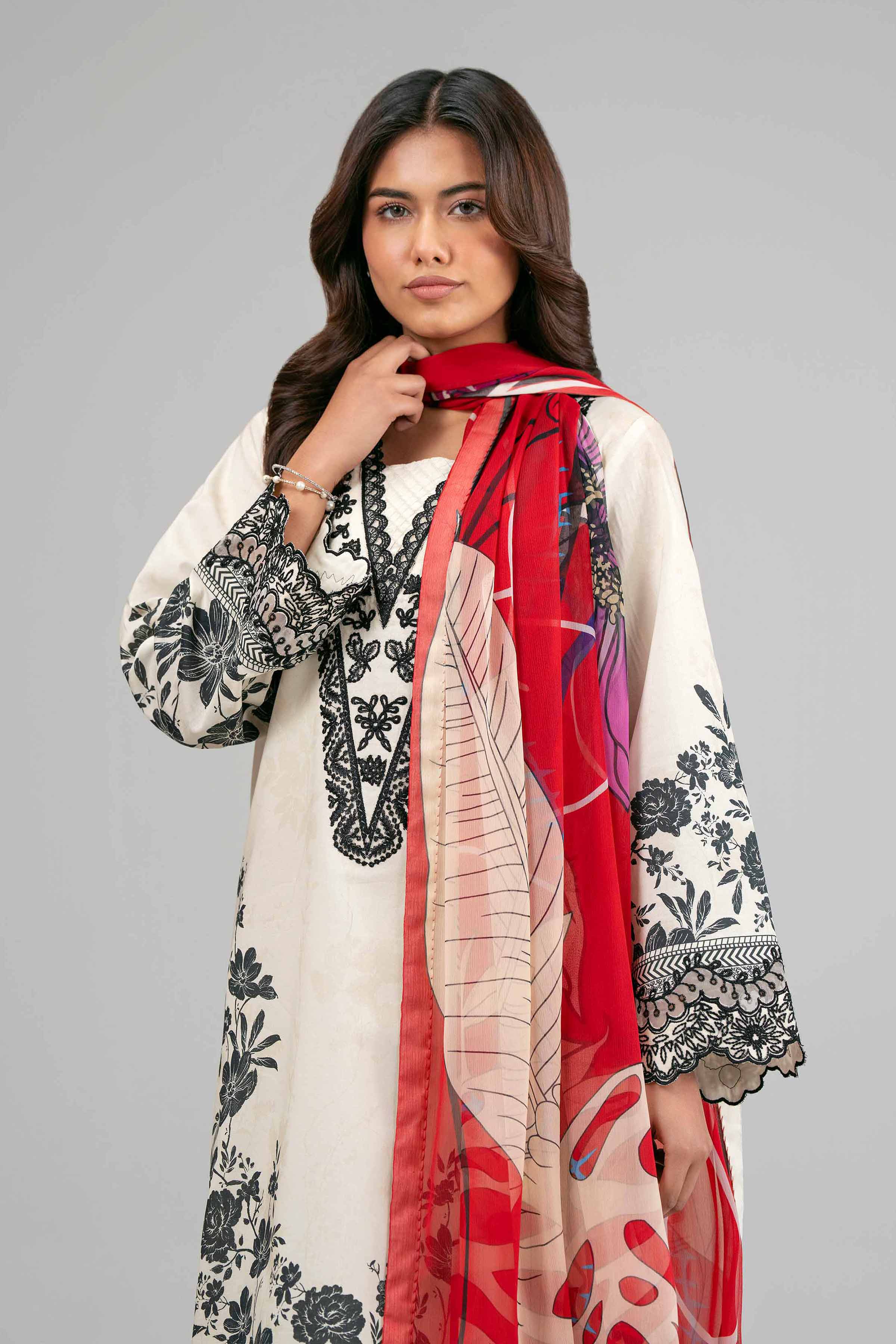 3 Piece - Digital Printed Embroidered Suit - 42601557 Beige Lawn 3PC Embroidered Summer