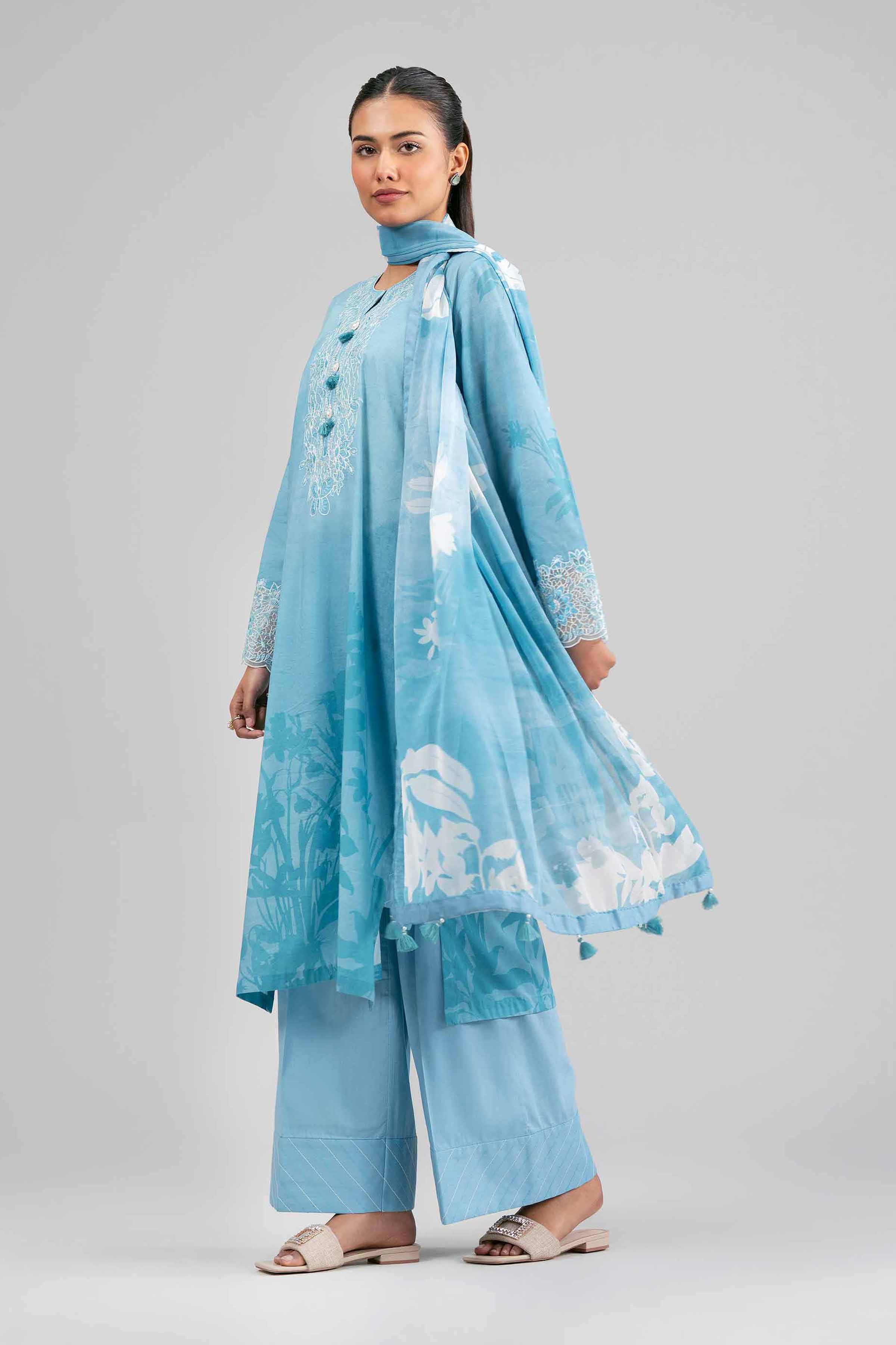 3 Piece - Digital Printed Embroidered Suit - 42601559 Blue Lawn 3PC Embroidered Summer