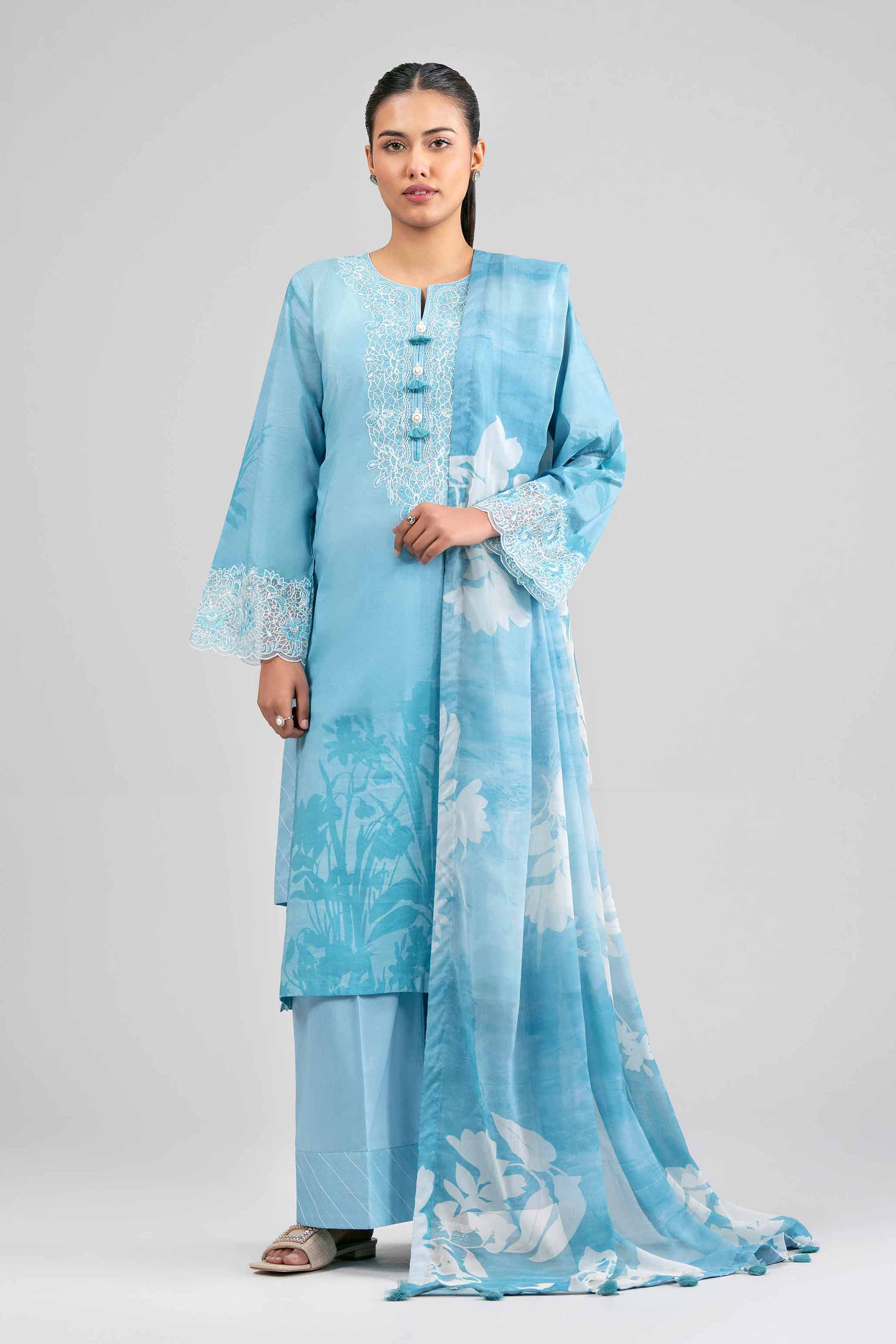 3 Piece - Digital Printed Embroidered Suit - 42601559 Blue Lawn 3PC Embroidered Summer