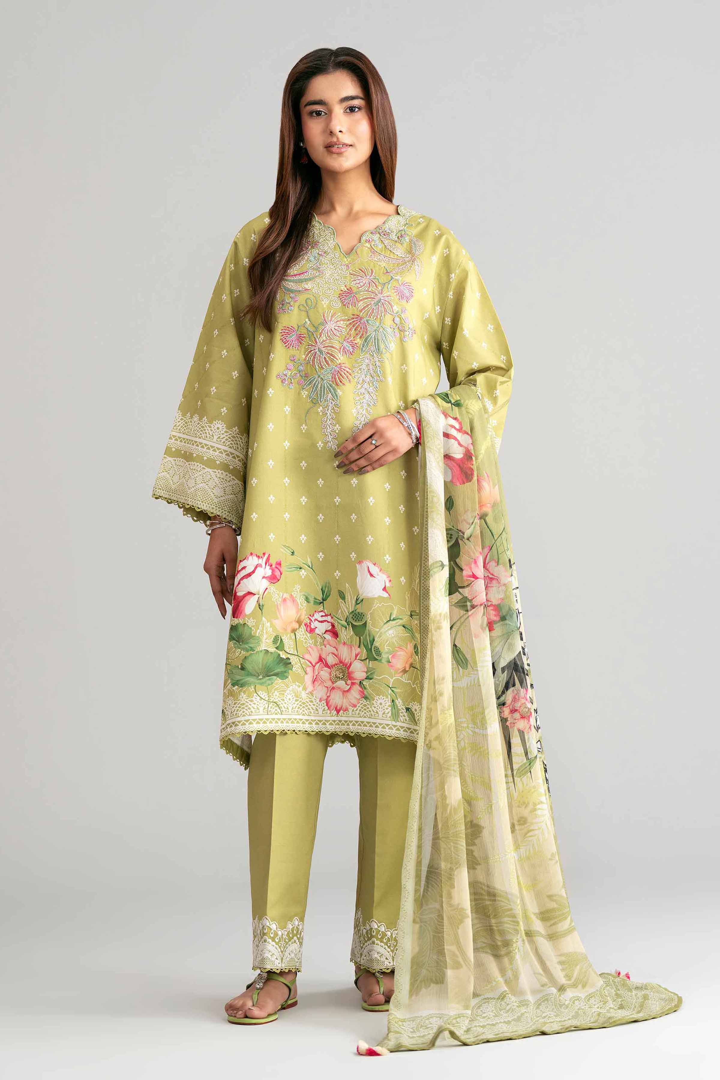 3 Piece - Digital Printed Embroidered Suit - 42601562 Green Lawn 3PC Embroidered Summer