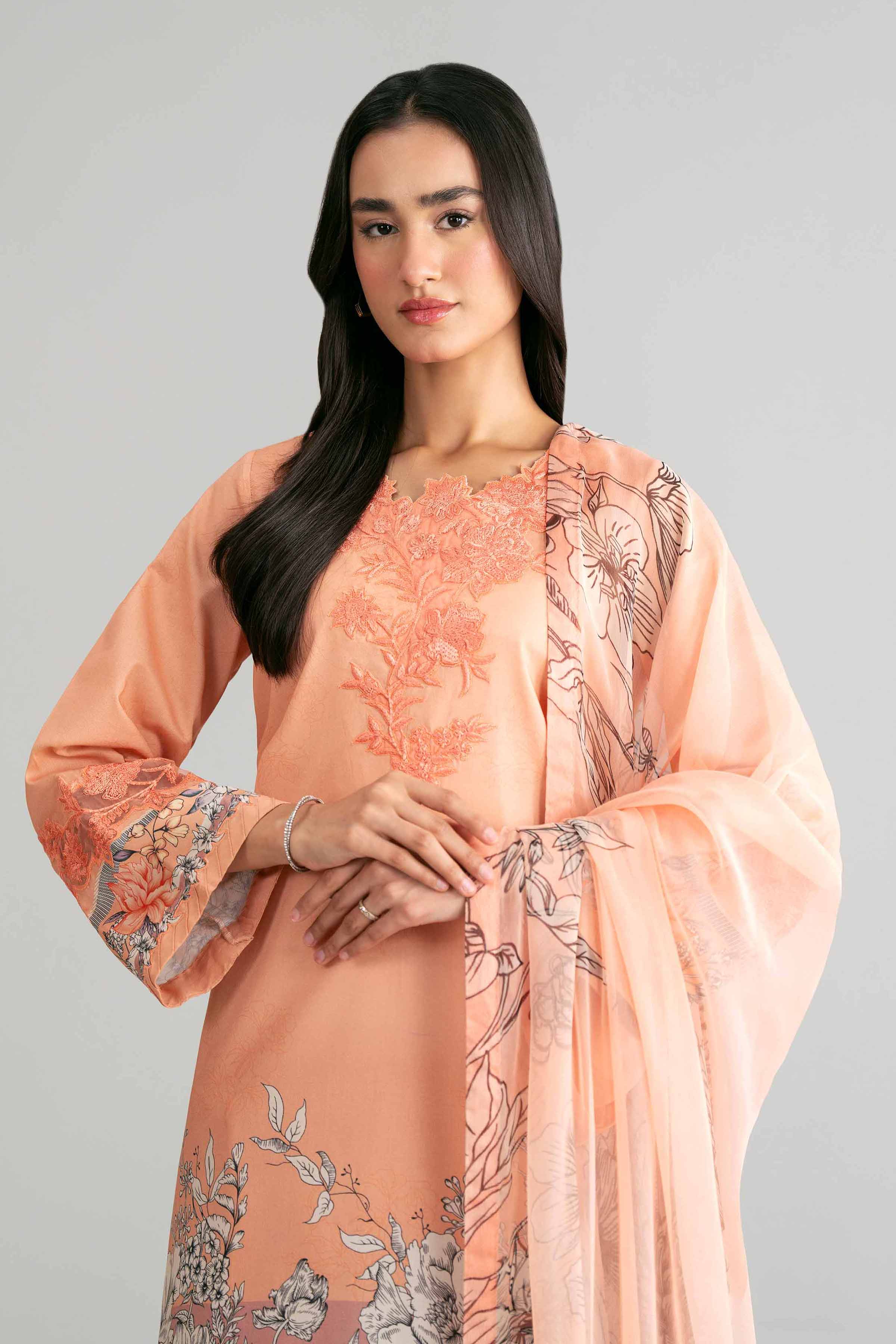 3 Piece - Digital Printed Embroidered Suit - 42601563 Orange Lawn 3PC Embroidered Summer