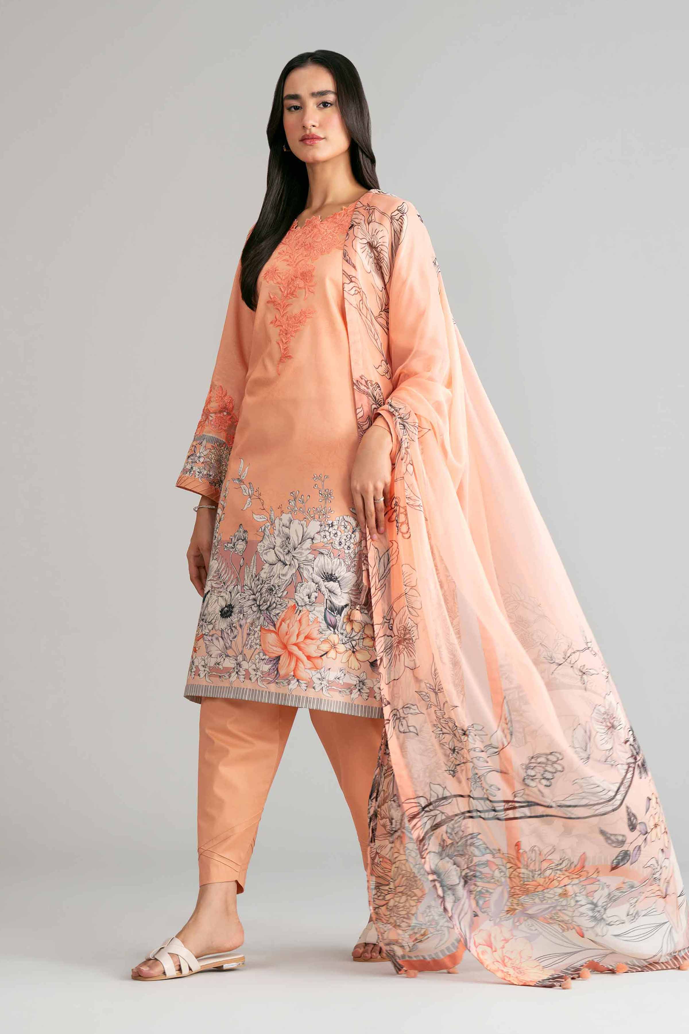 3 Piece - Digital Printed Embroidered Suit - 42601563 Orange Lawn 3PC Embroidered Summer