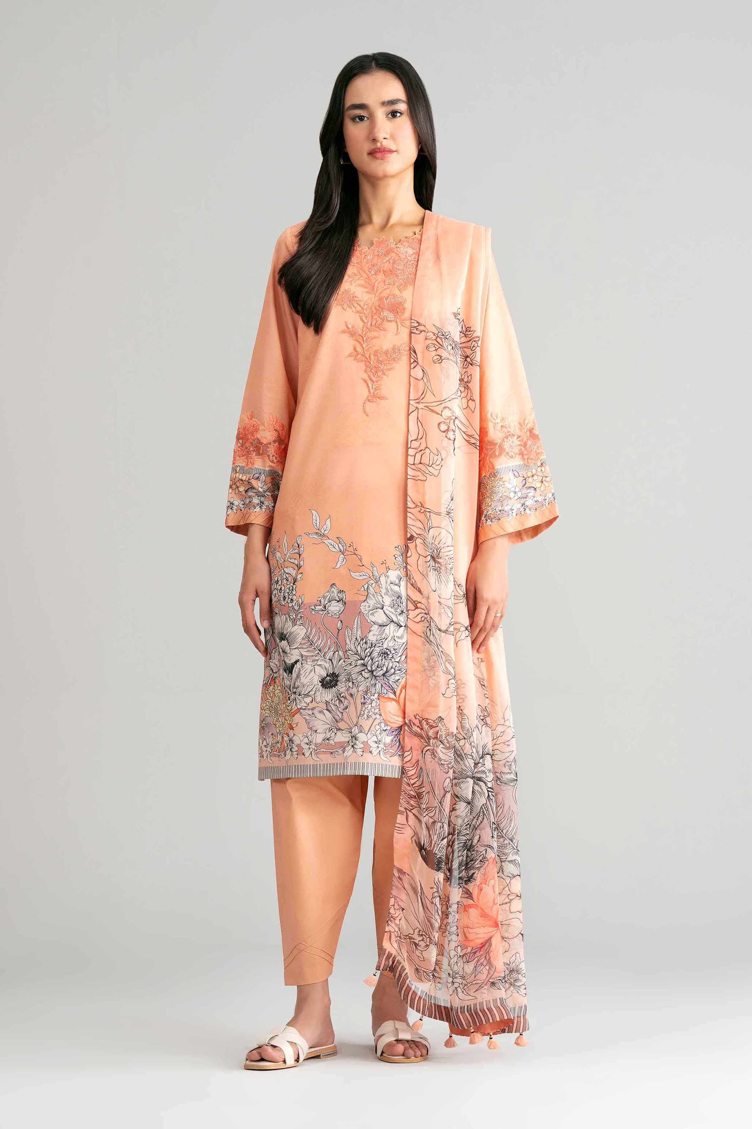 3 Piece - Digital Printed Embroidered Suit - 42601563 Orange Lawn 3PC Embroidered Summer