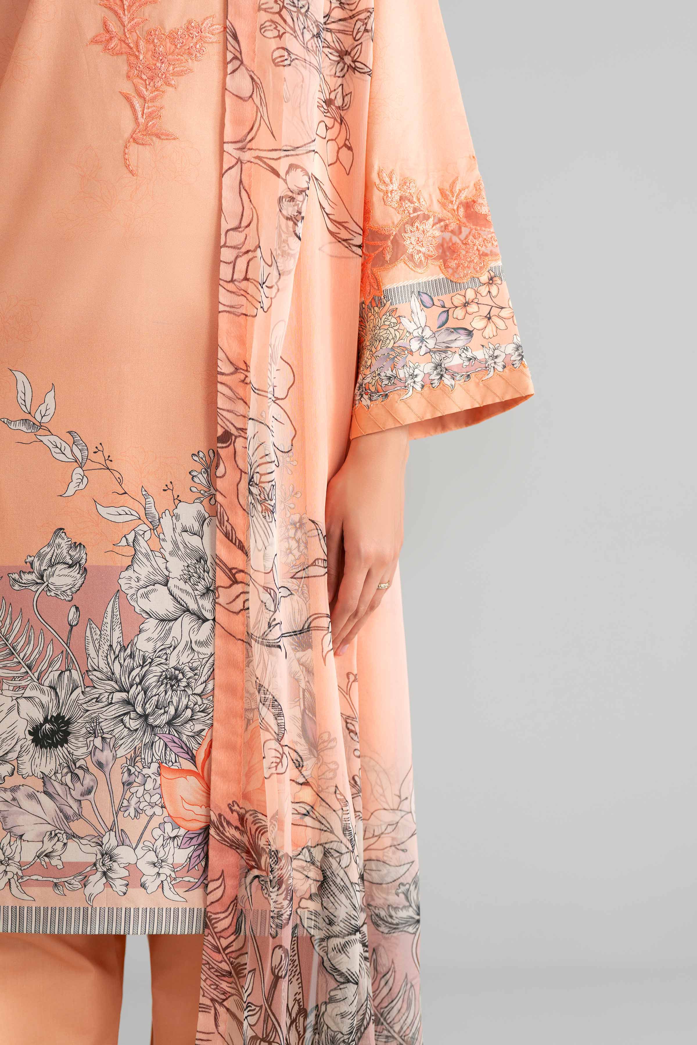 3 Piece - Digital Printed Embroidered Suit - 42601563 Orange Lawn 3PC Embroidered Summer